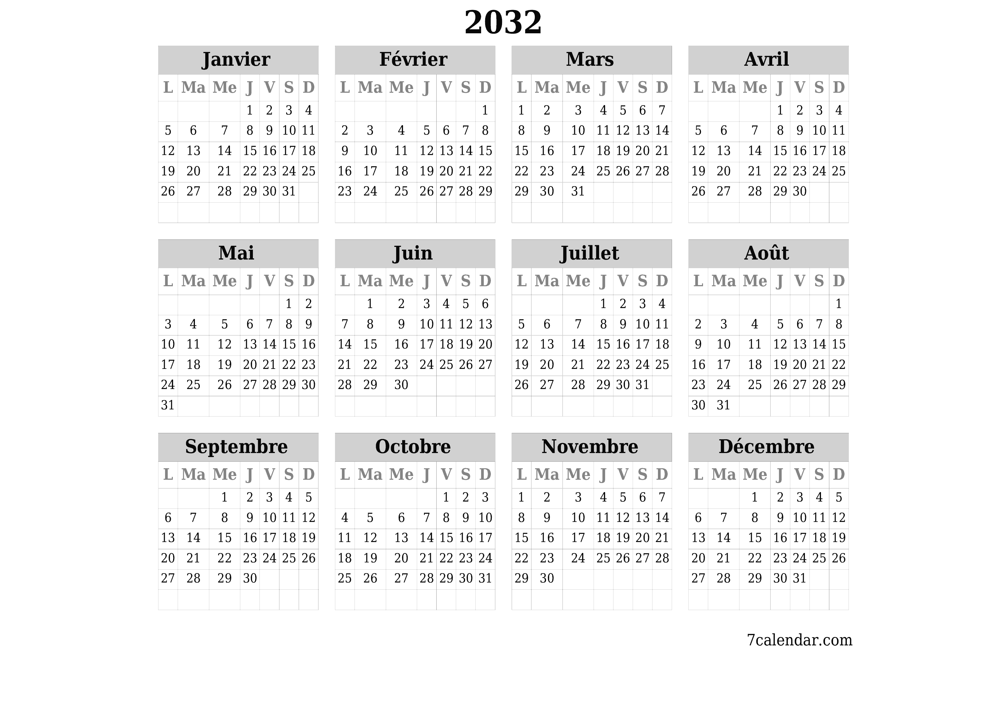 Calendrier annuel vide pour l'année 2032 avec notes, enregistrer et imprimer au format PDF PNG French