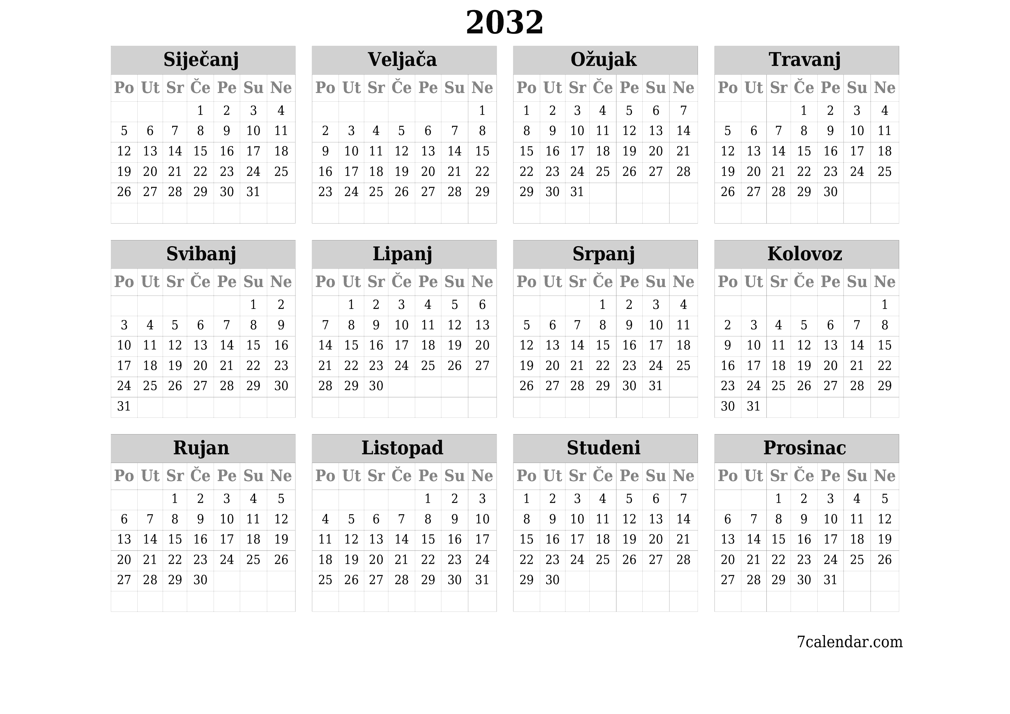 Ispraznite godišnji kalendar planera za godinu 2032 s bilješkama, spremite i ispišite u PDF PNG Croatian