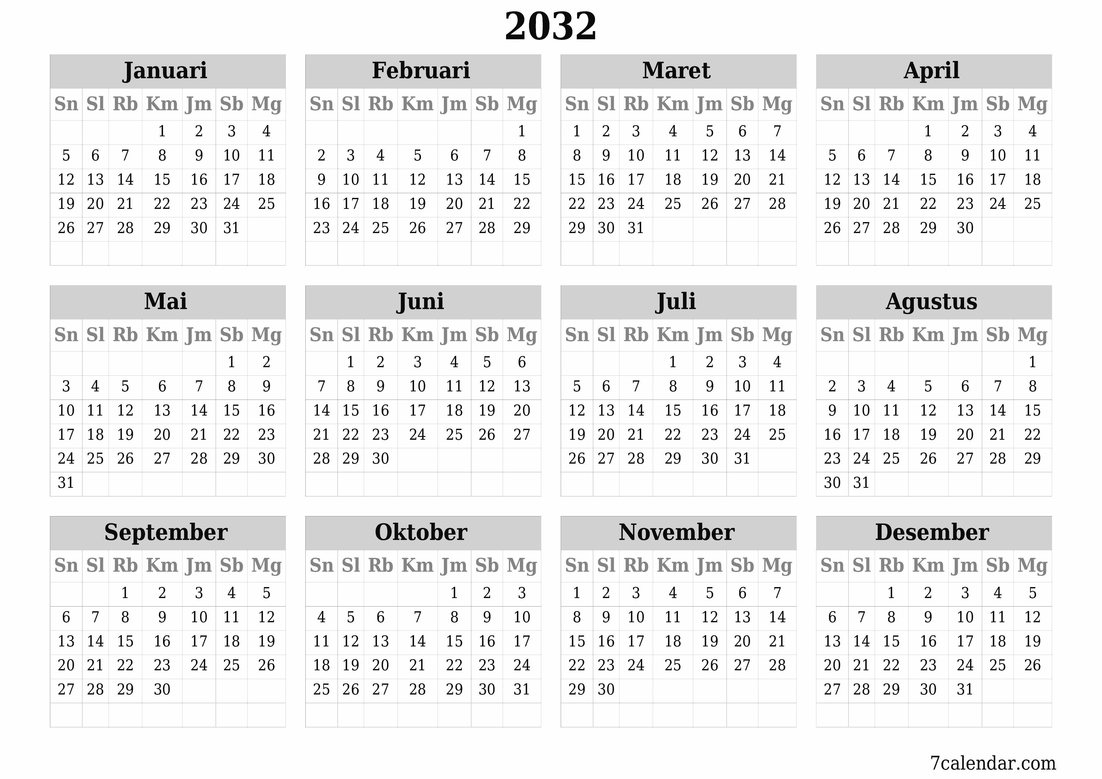 Kosongkan kalender perencana tahunan untuk tahun ini 2032 dengan catatan, simpan dan cetak ke PDF PNG Indonesian