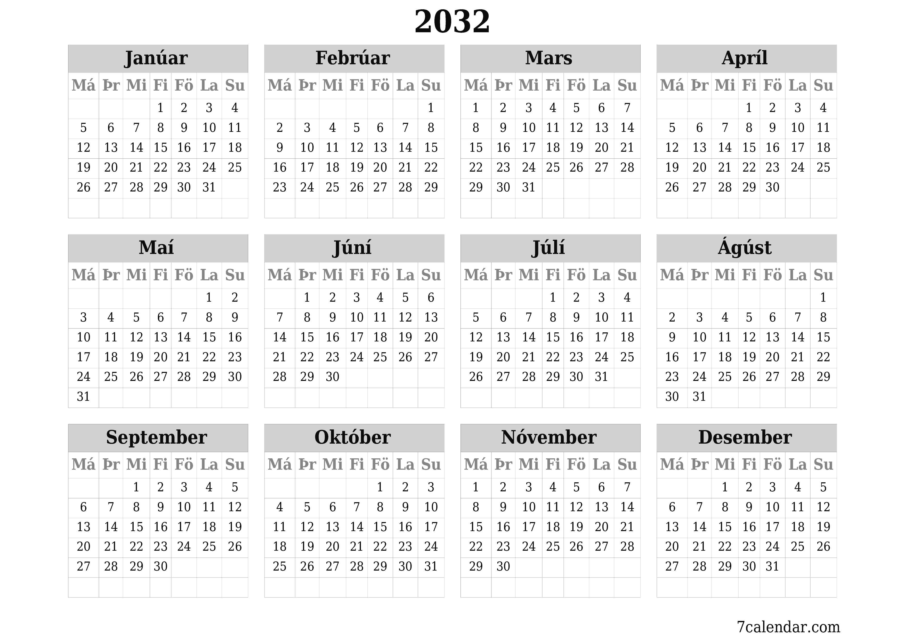 Tómt árlegt dagatal skipuleggjanda fyrir árið 2032 með athugasemdum, vista og prenta á PDF PNG Icelandic