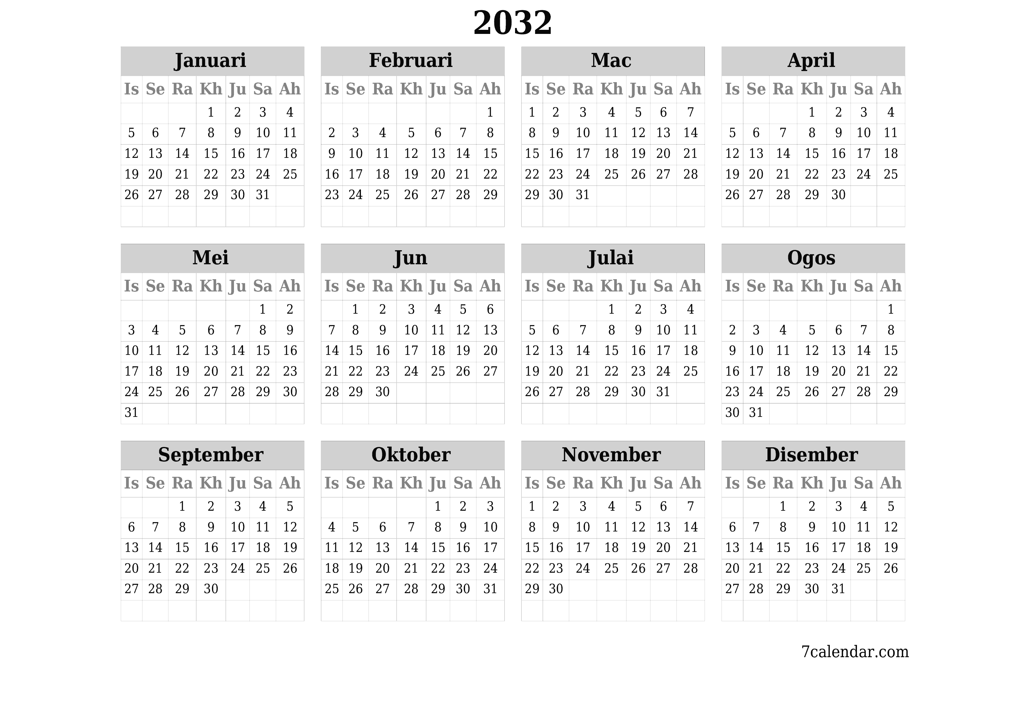 Kalendar perancang tahunan kosong untuk tahun ini 2032 dengan nota, simpan dan cetak ke PDF PNG Malay