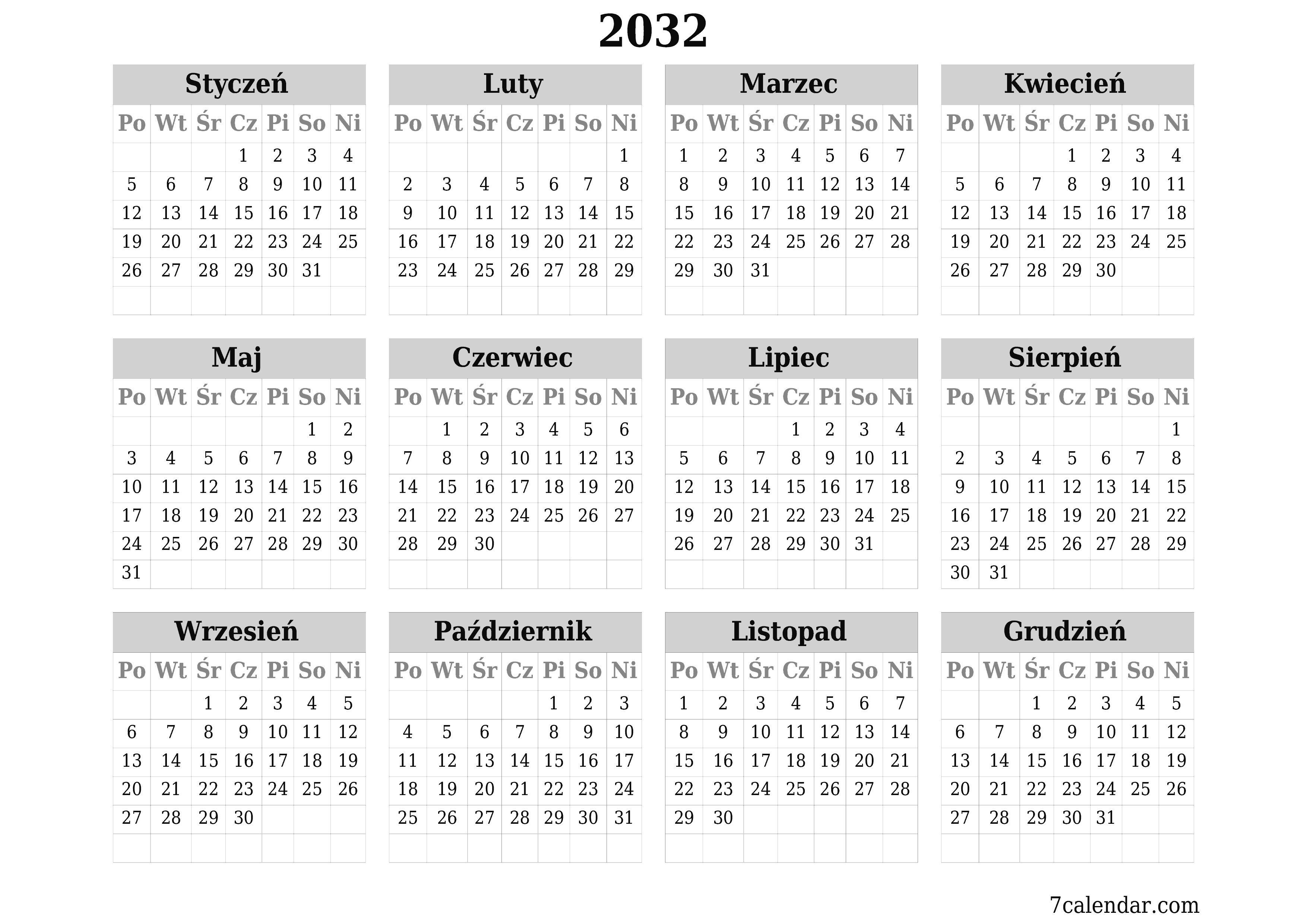 Opróżnij kalendarz rocznego planowania na rok 2032 z notatkami, zapisz i wydrukuj w formacie PDF PNG Polish