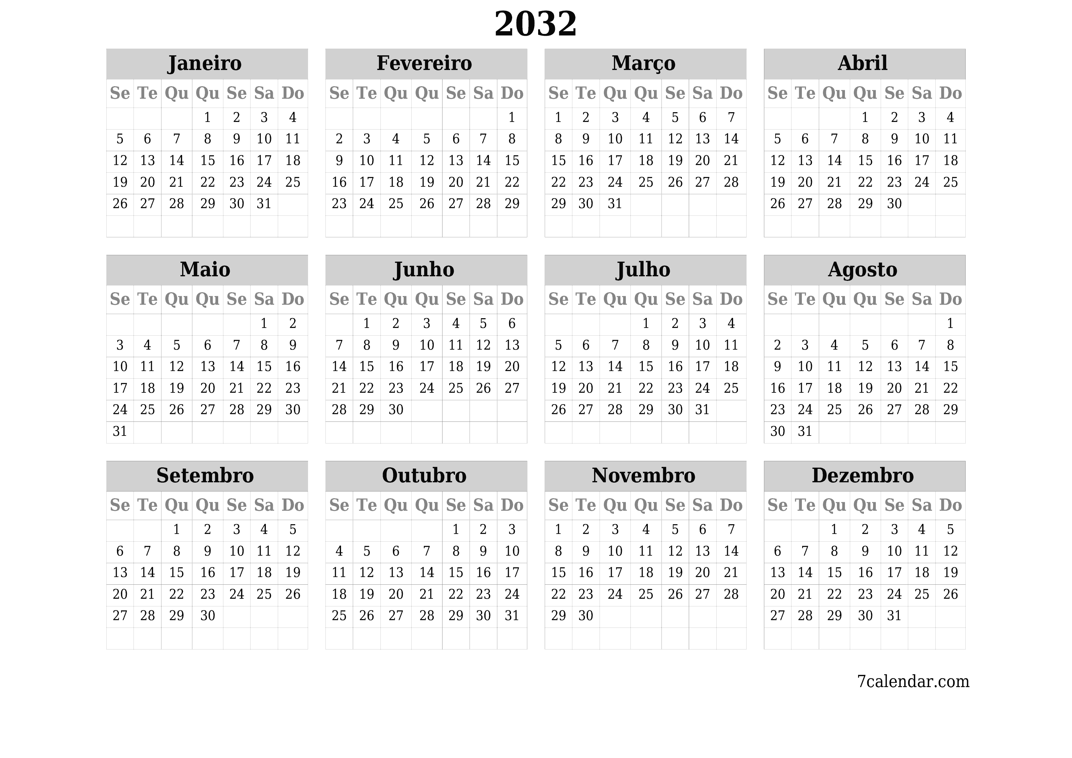 Calendário de planejador anual vazio para o ano 2032 com notas, salve e imprima em PDF PNG Portuguese