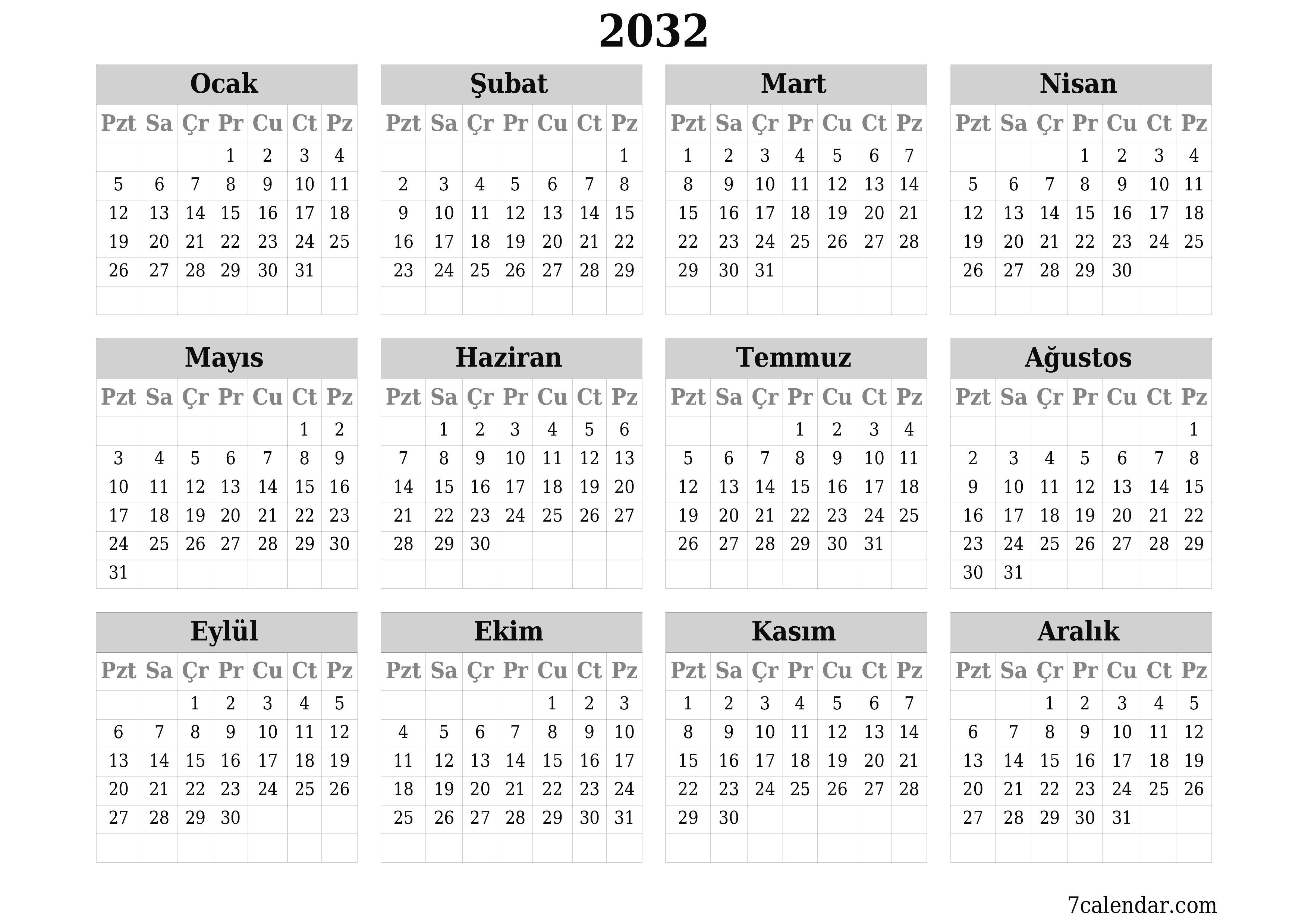 Notlarla 2032 yıl için yıllık planlayıcı takvimini boşaltın, kaydedin ve PDF olarak yazdırın PNG Turkish