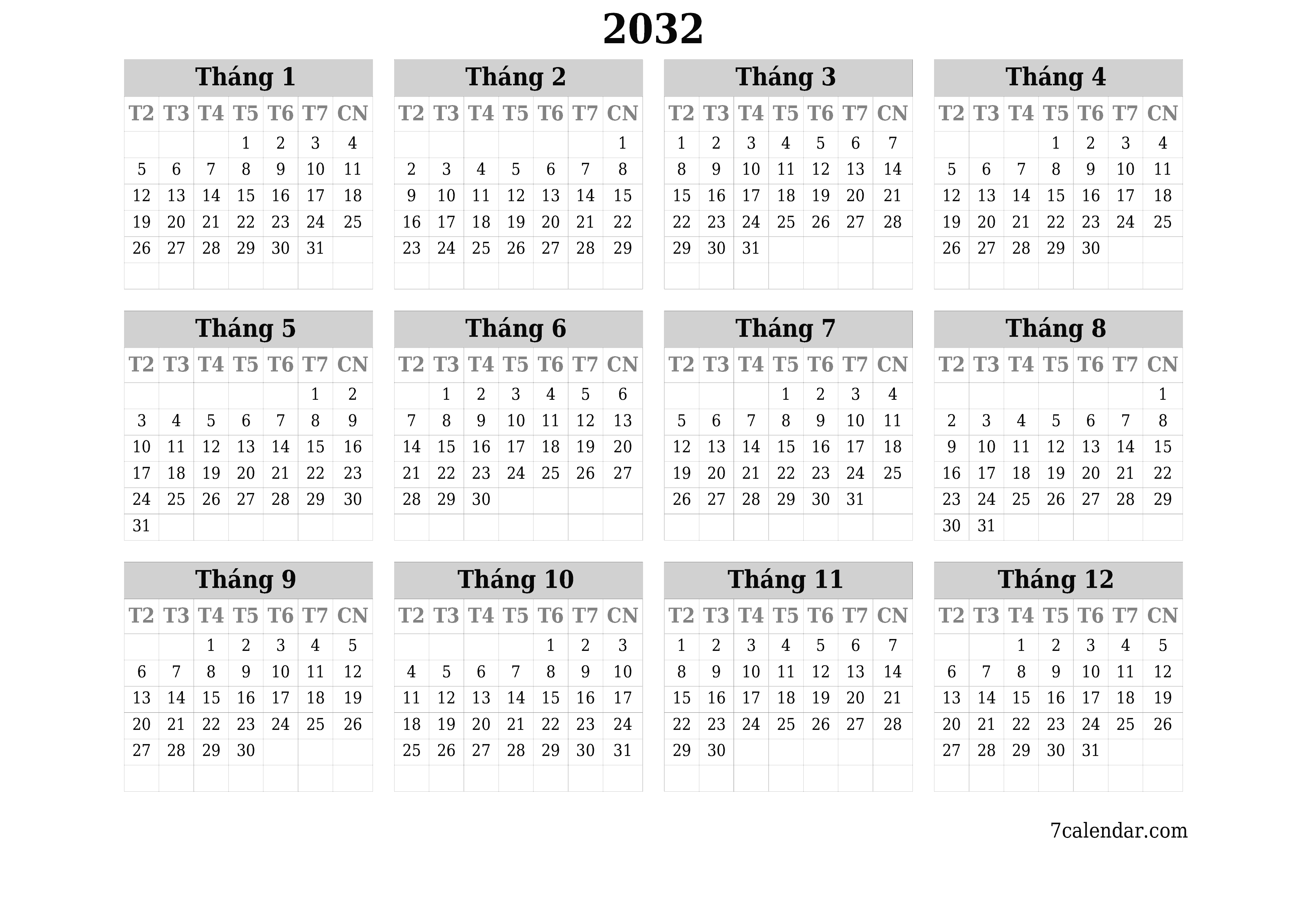 Lịch kế hoạch hàng năm trống cho năm 2032 có ghi chú, lưu và in sang PDF PNG Vietnamese