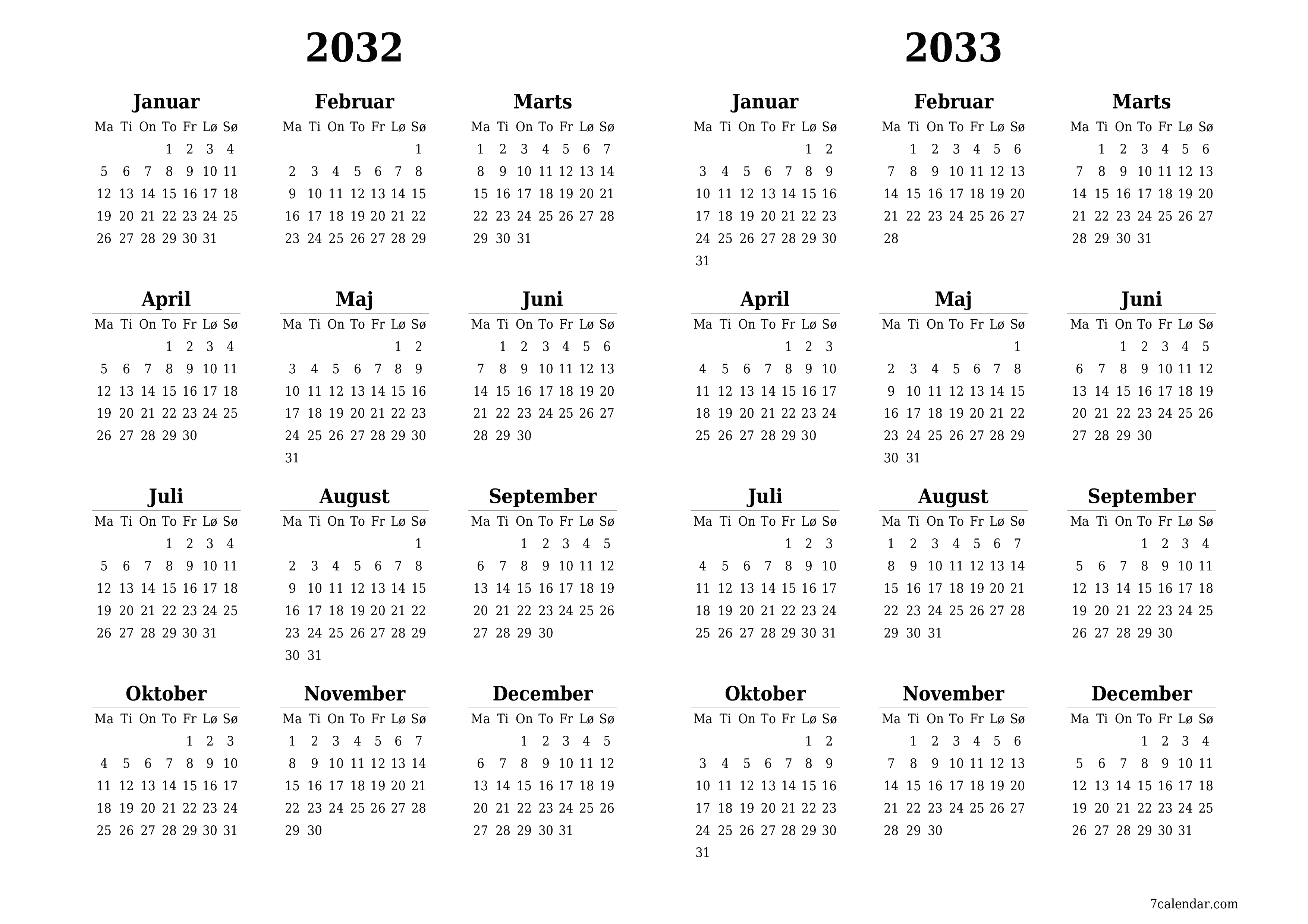 Tom årlig planlægningskalender for året 2032, 2033 med noter, gem og udskriv til PDF PNG Danish