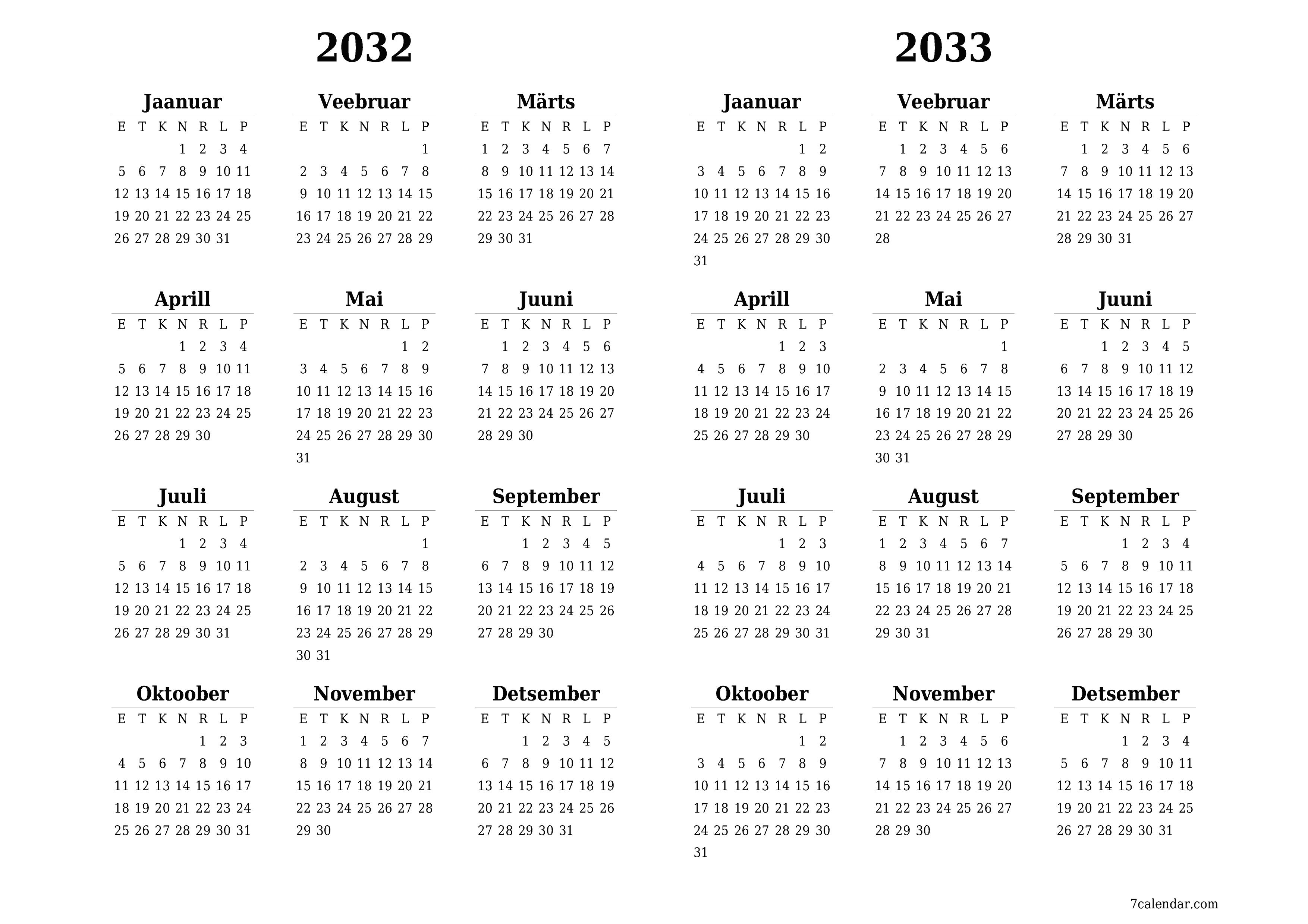 Tühi aasta planeerija kalender aastaks 2032, 2033 koos märkmetega, salvestage ja printige PDF-i PNG Estonian