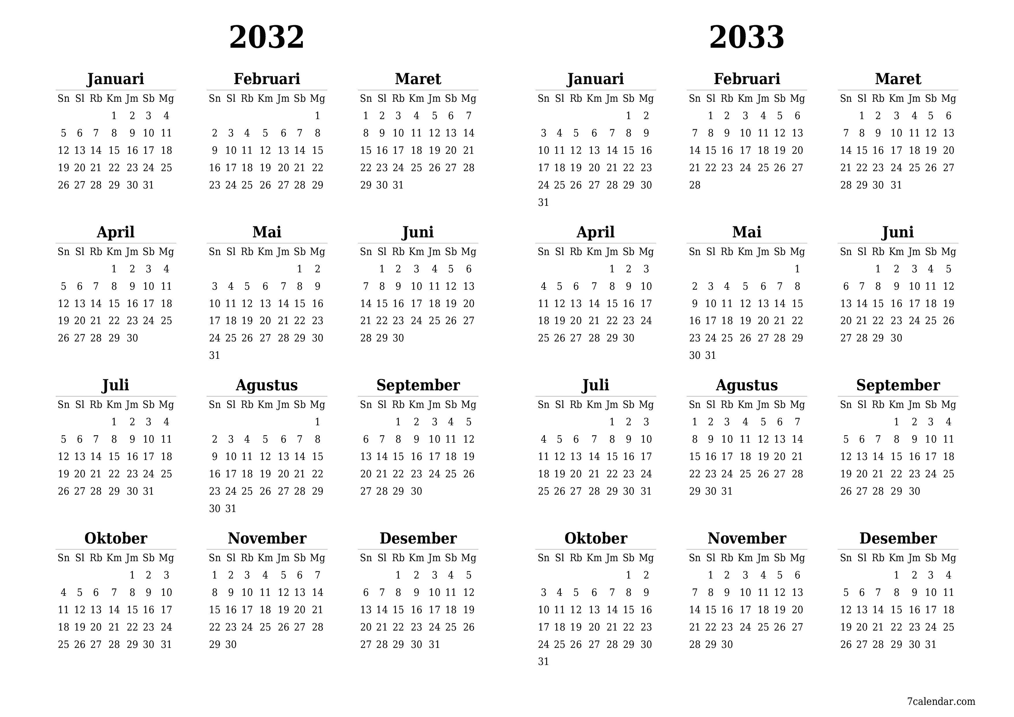 Kosongkan kalender perencana tahunan untuk tahun ini 2032, 2033 dengan catatan, simpan dan cetak ke PDF PNG Indonesian