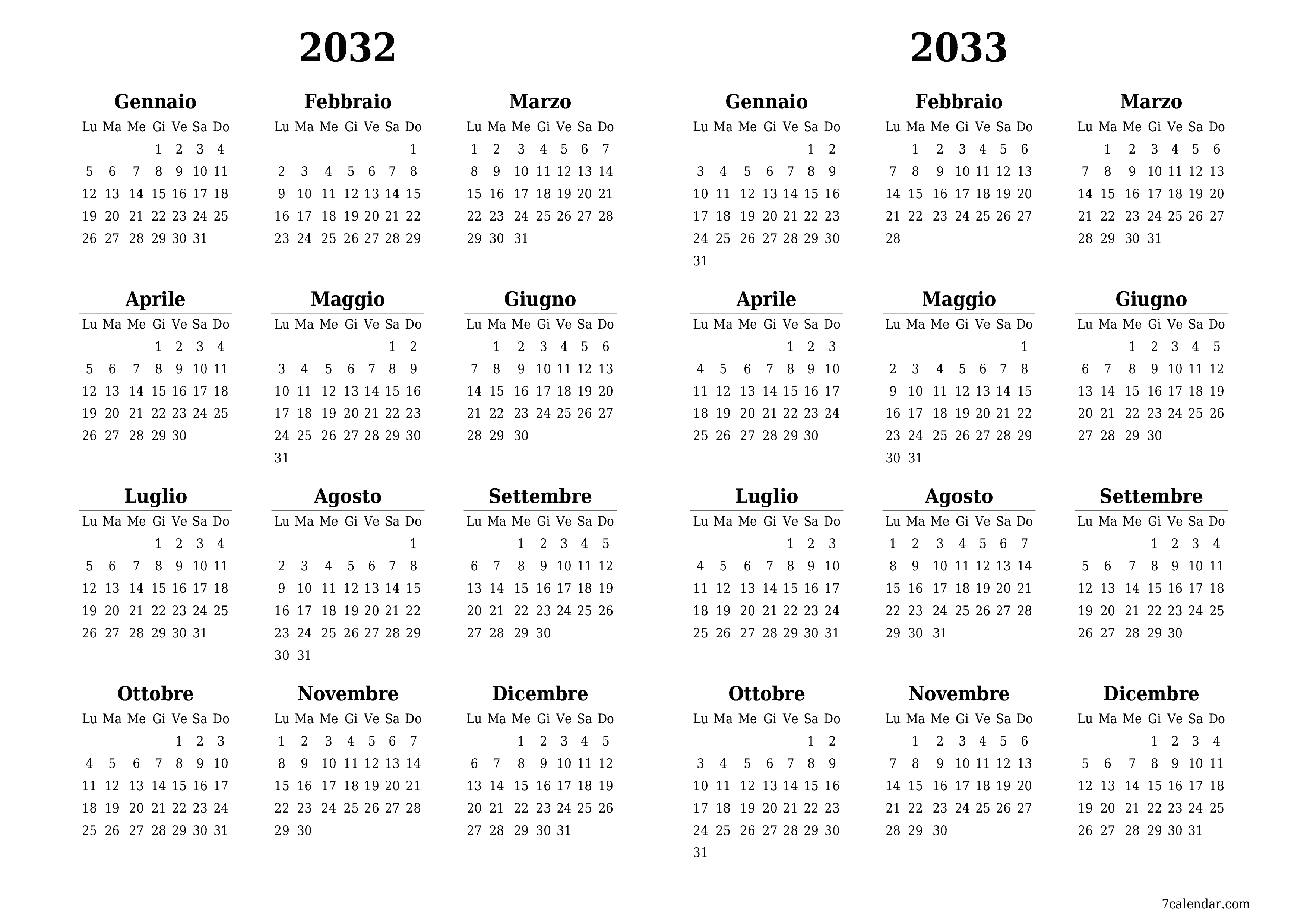 Calendario pianificatore annuale vuoto per l'anno 2032, 2033 con note, salva e stampa in PDF PNG Italian