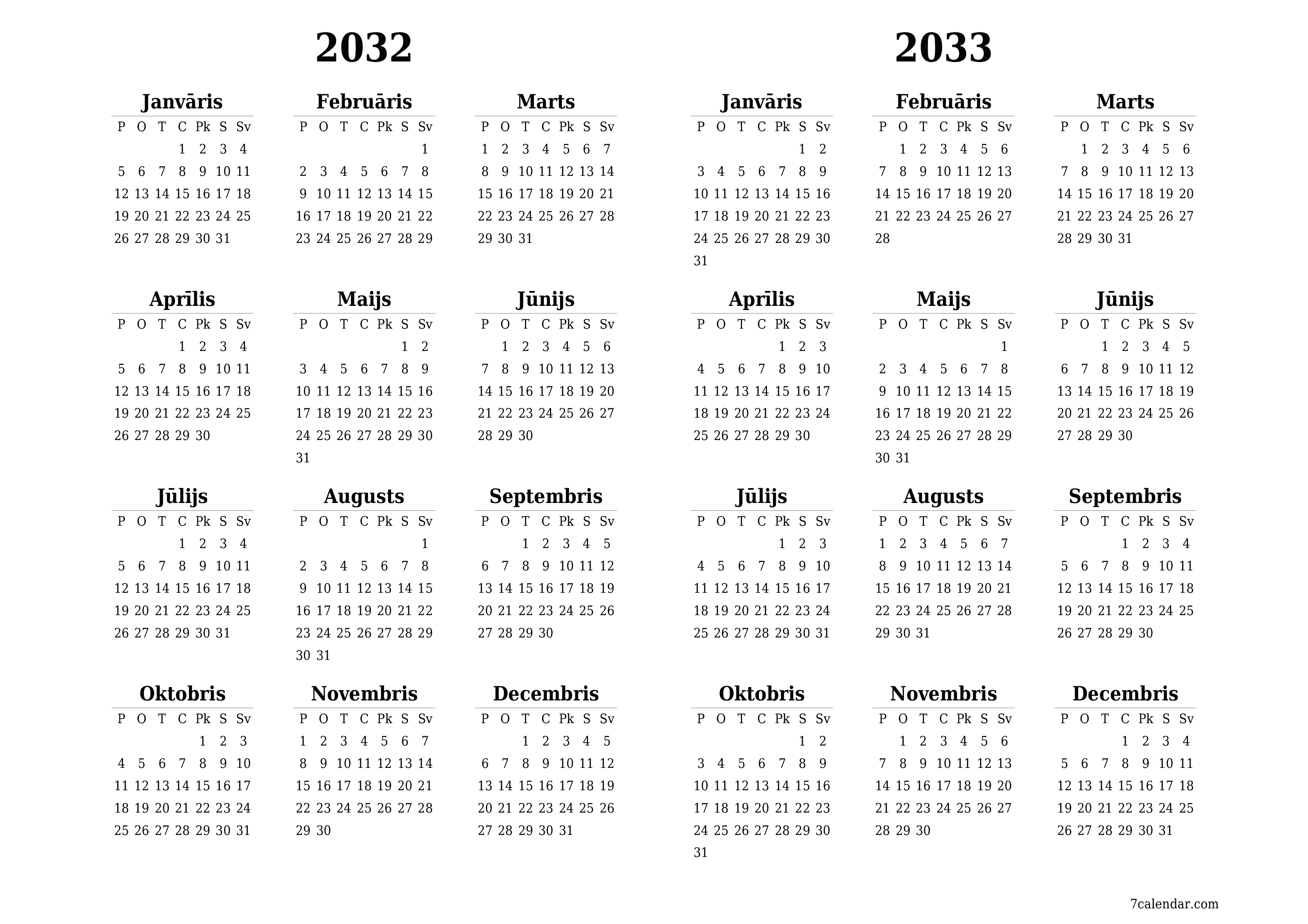 Tukšs gada plānotāja kalendārs gadam 2032, 2033 ar piezīmēm, saglabāšana un izdrukāšana PDF formātā PNG Latvian