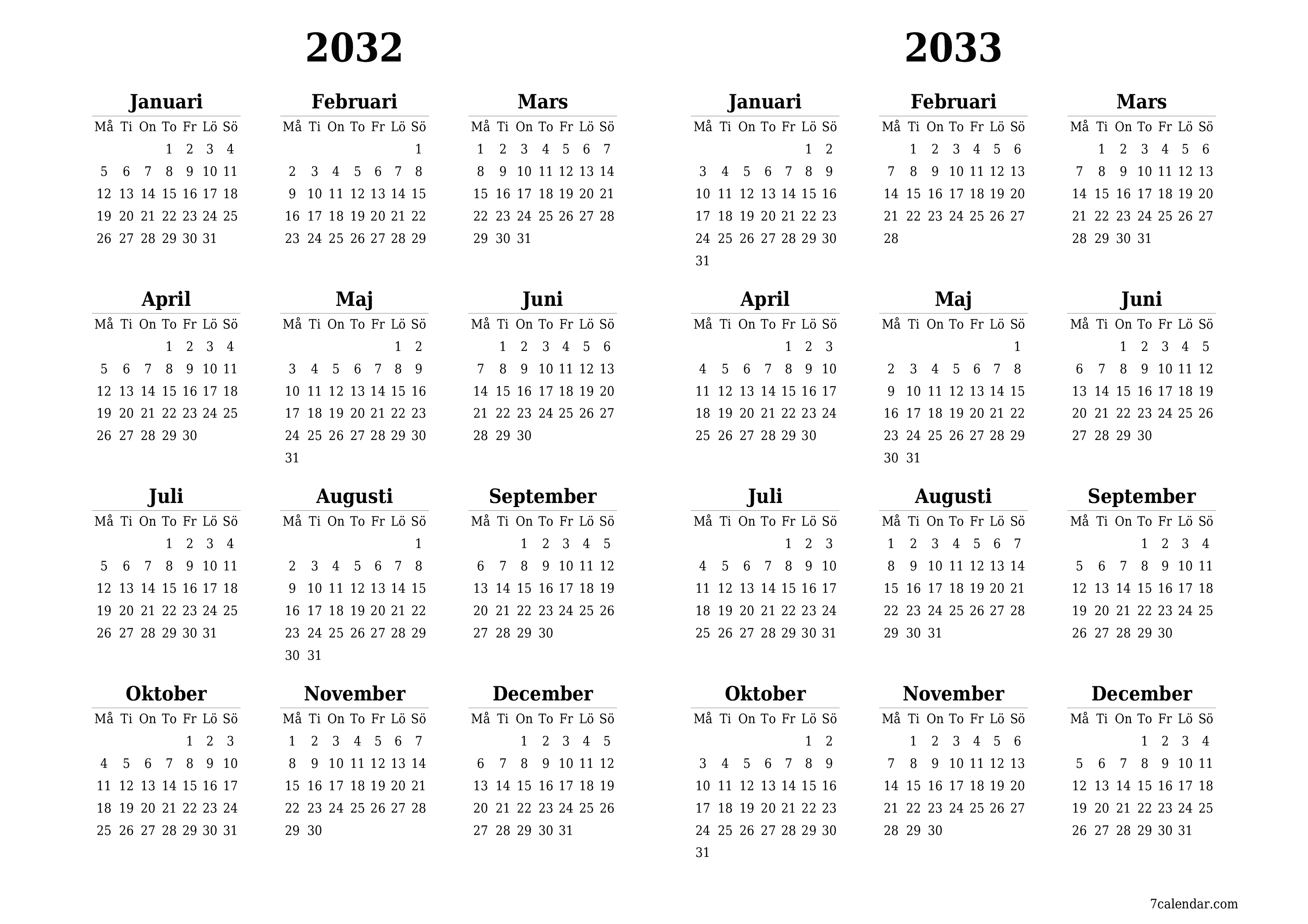 Tom årlig planeringskalender för året 2032, 2033 med anteckningar, spara och skriv ut till PDF PNG Swedish