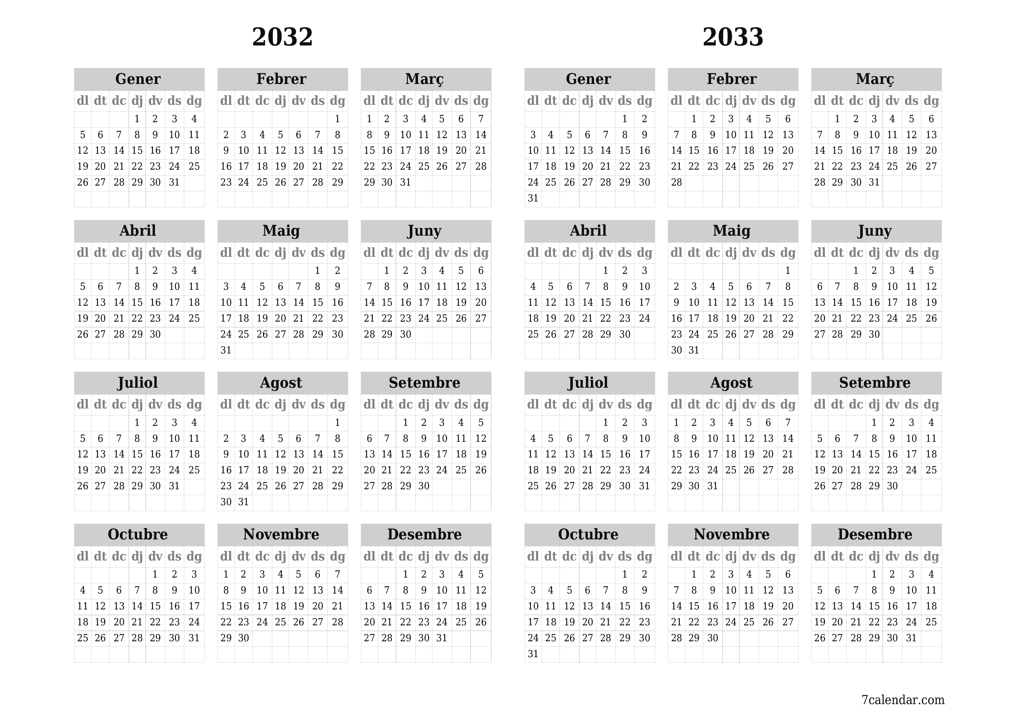 Planificador anual buit 2032, 2033 amb notes desades i imprimides en PDF PNG Catalan