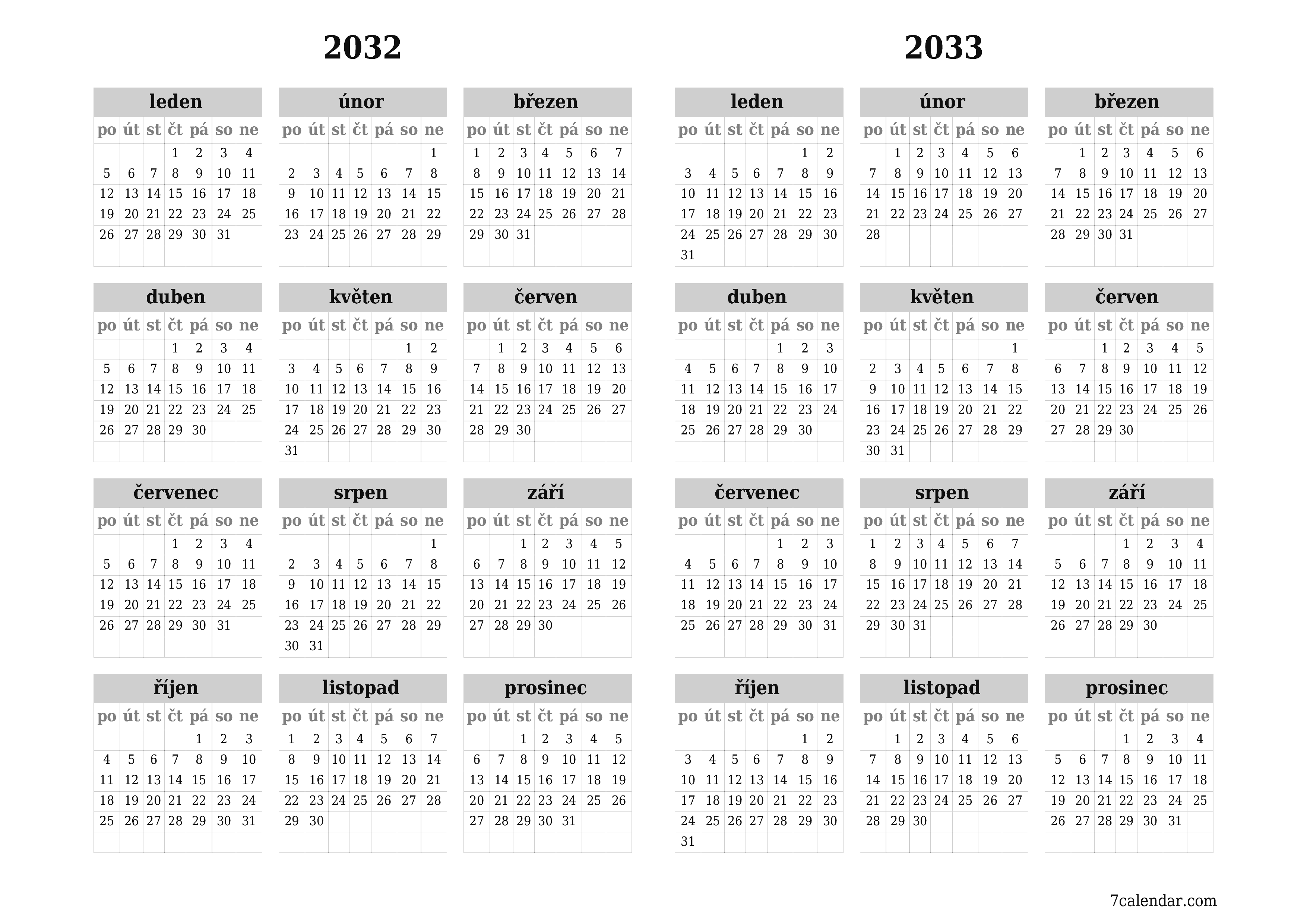 Prázdný roční kalendář plánovače pro rok 2032, 2033 s poznámkami, uložením a tiskem do PDF PNG Czech