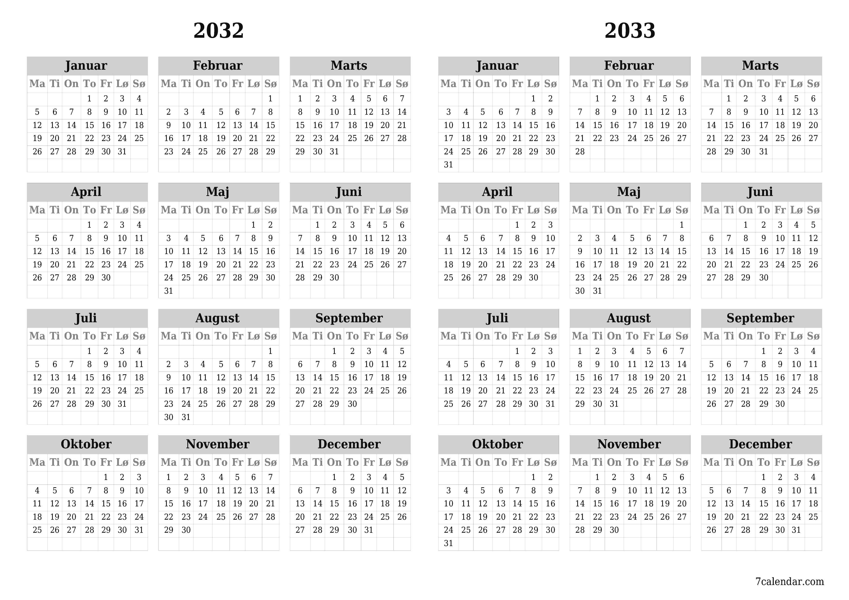 Tom årlig planlægningskalender for året 2032, 2033 med noter, gem og udskriv til PDF PNG Danish