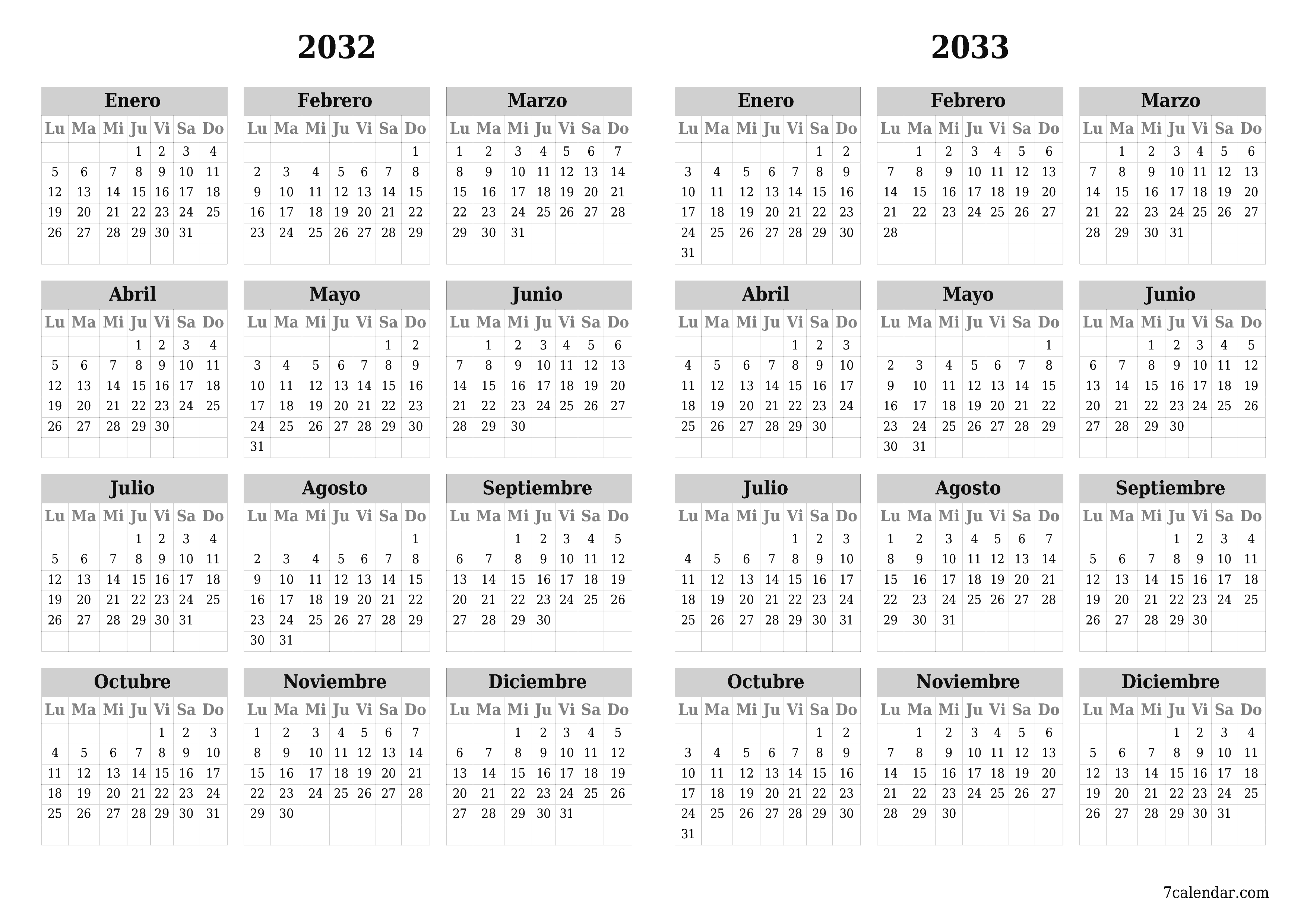 Calendario planificador anual vacío para el año 2032, 2033 con notas, guardar e imprimir en PDF PNG Spanish
