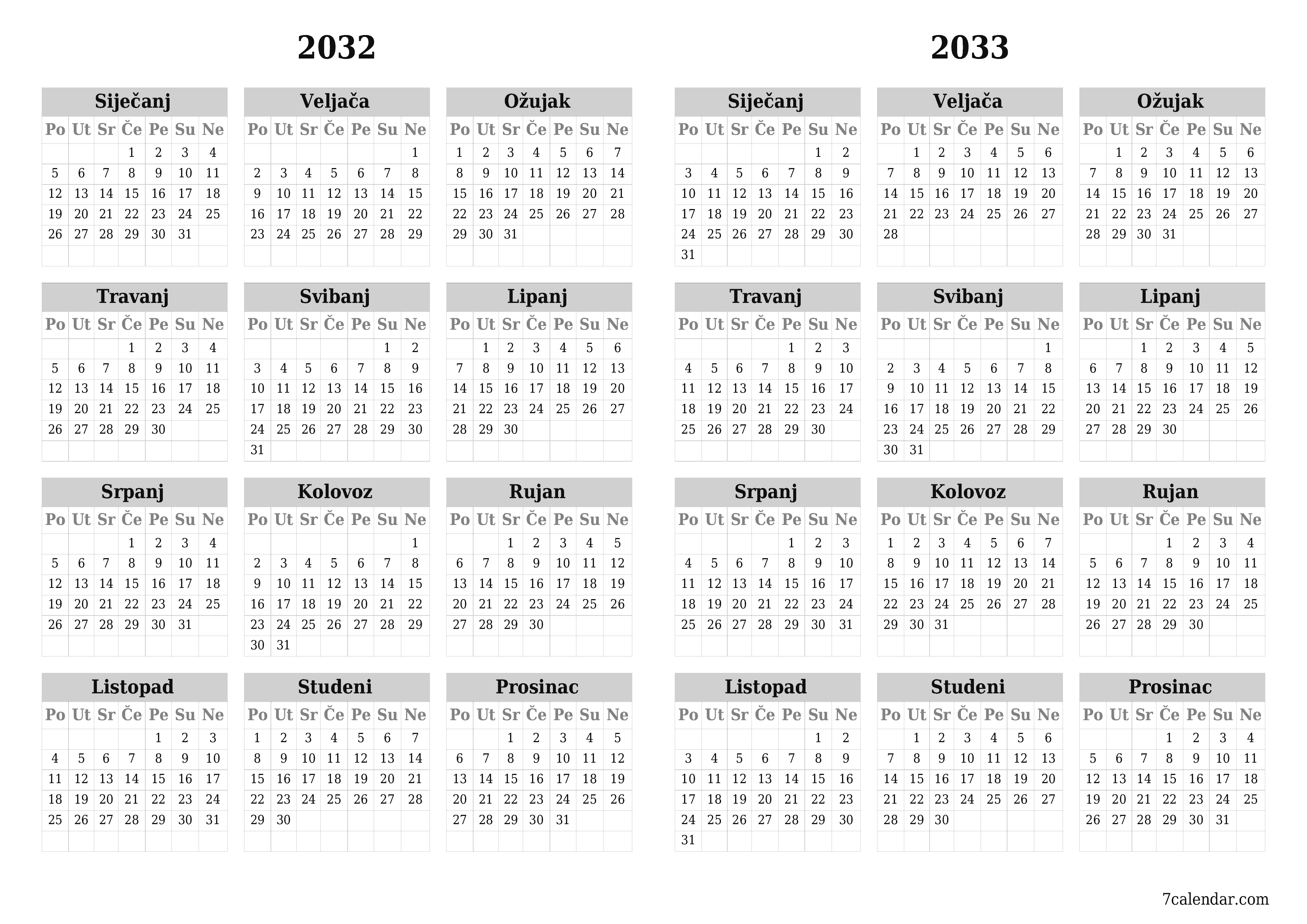 Ispraznite godišnji kalendar planera za godinu 2032, 2033 s bilješkama, spremite i ispišite u PDF PNG Croatian