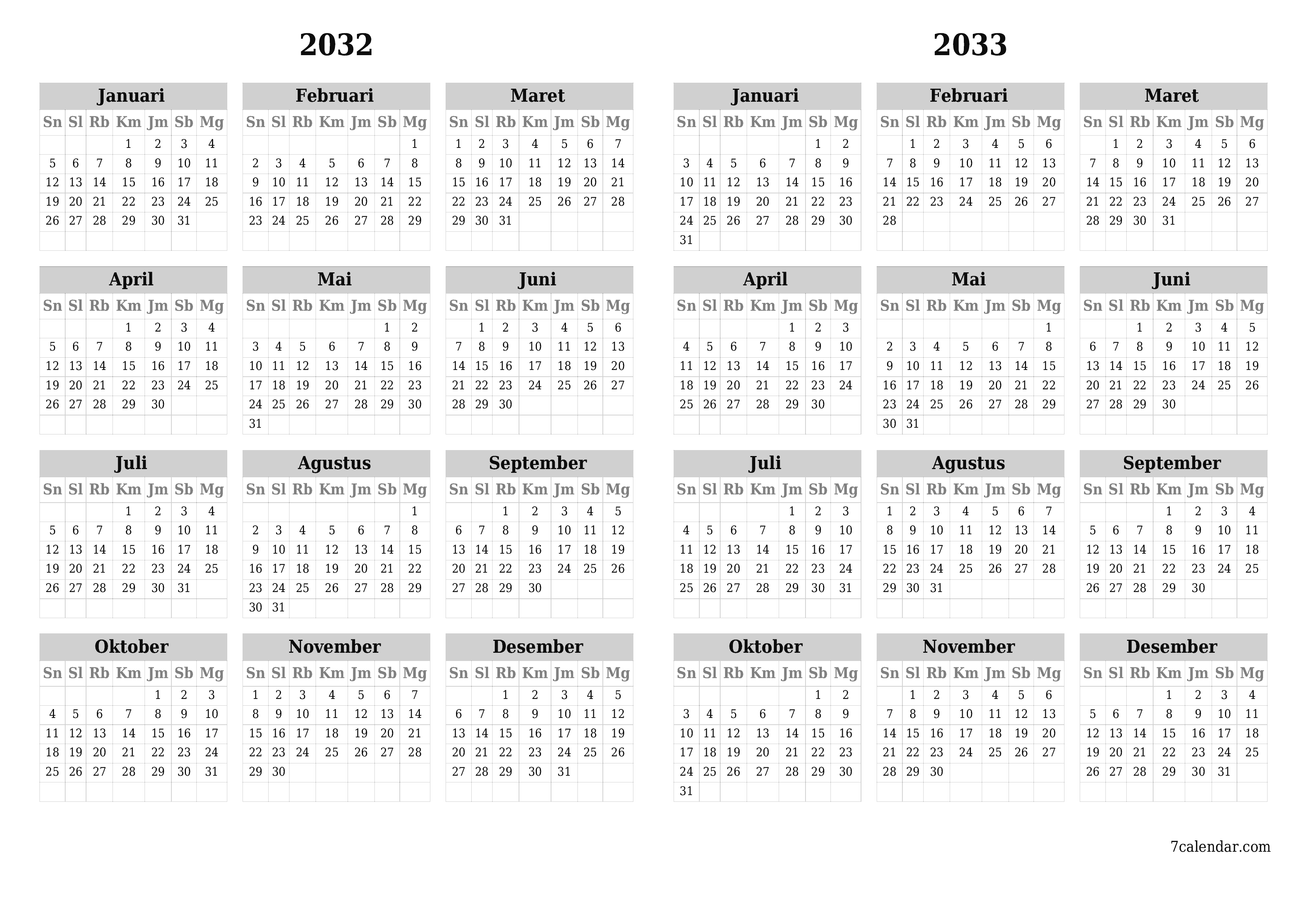 Kosongkan kalender perencana tahunan untuk tahun ini 2032, 2033 dengan catatan, simpan dan cetak ke PDF PNG Indonesian