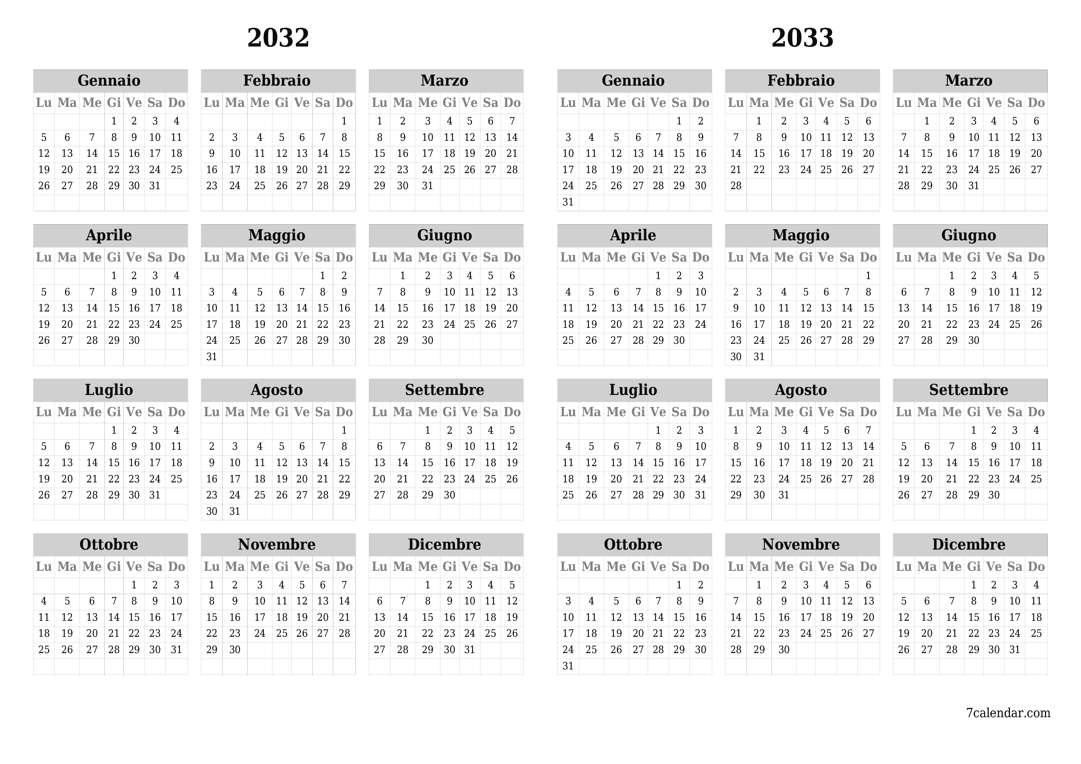 Calendario pianificatore annuale vuoto per l'anno 2032, 2033 con note, salva e stampa in PDF PNG Italian