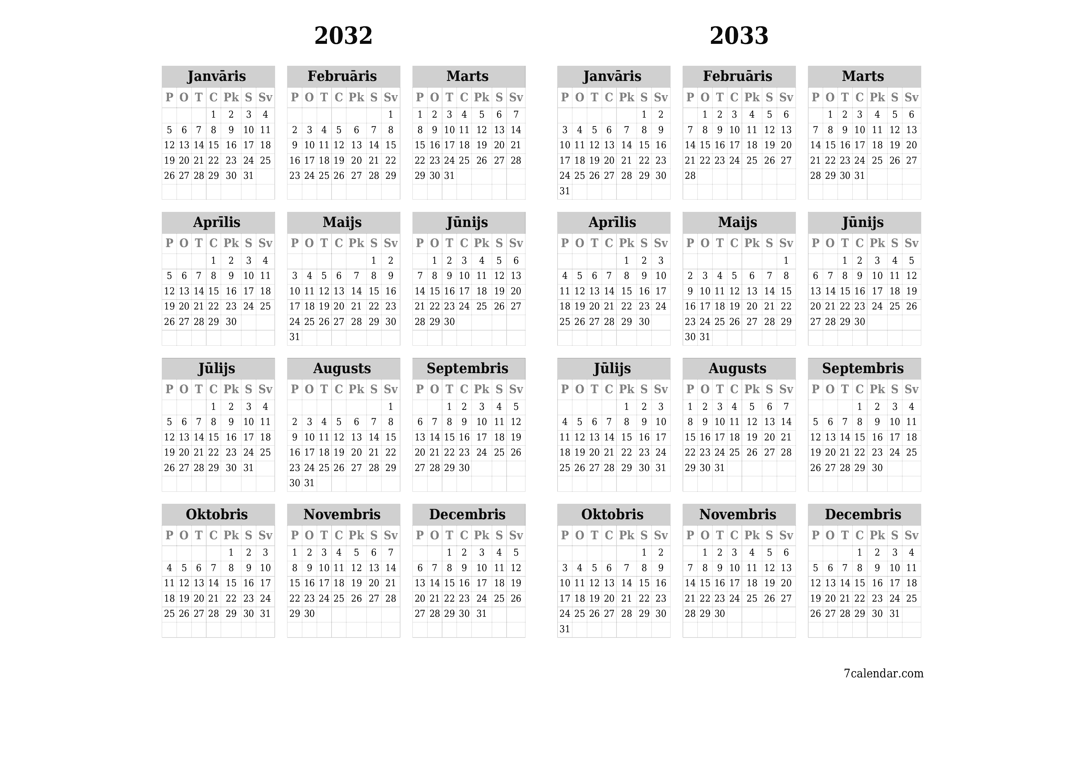 Tukšs gada plānotāja kalendārs gadam 2032, 2033 ar piezīmēm, saglabāšana un izdrukāšana PDF formātā PNG Latvian