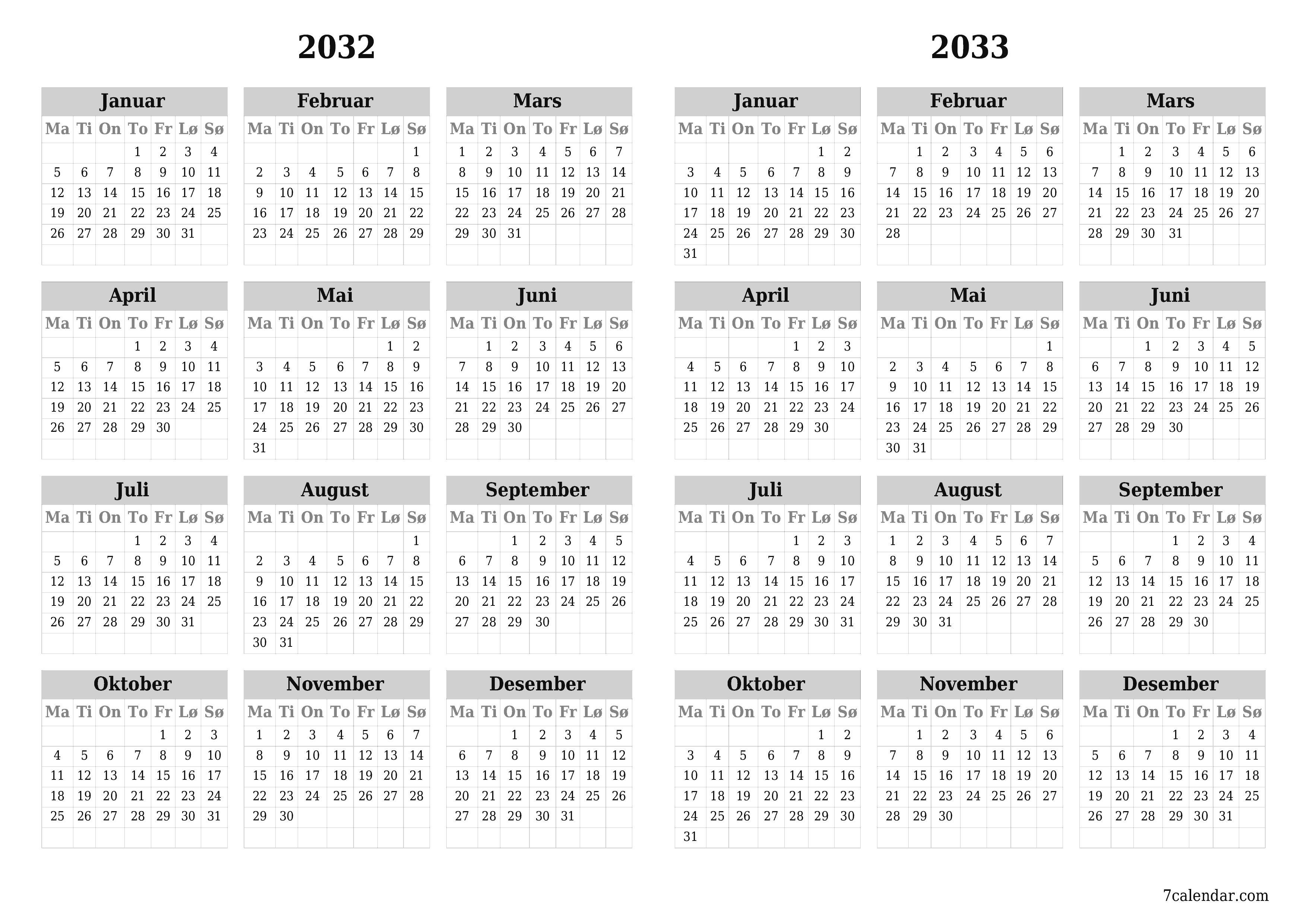 Tom årlig planleggerkalender for året 2032, 2033 med notater, lagre og skrive ut i PDF PNG Norwegian