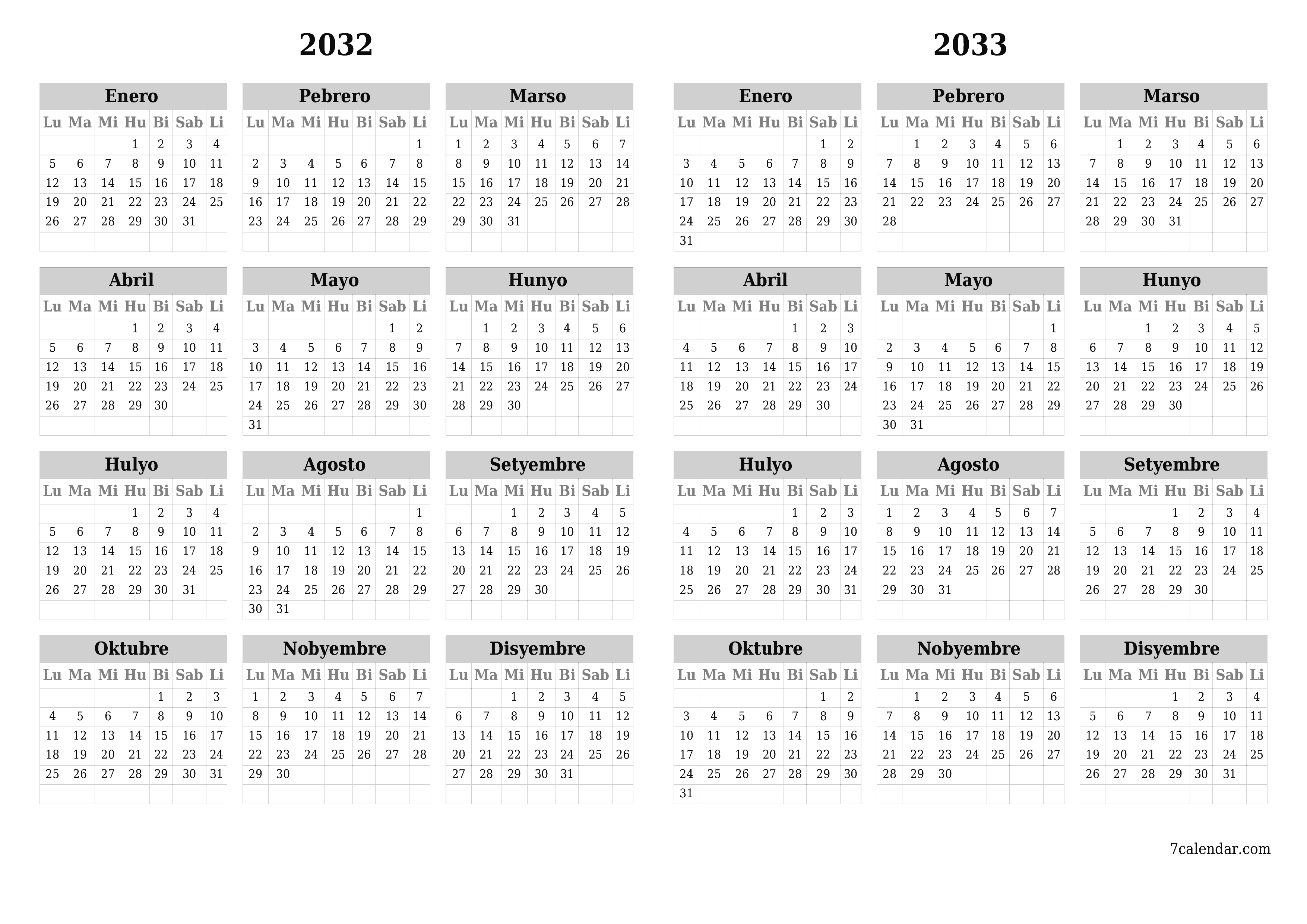 Walang laman ang taunang kalendaryo ng tagaplano para sa taong 2032, 2033 na may mga tala, i-save at i-print sa PDF PNG Filipino