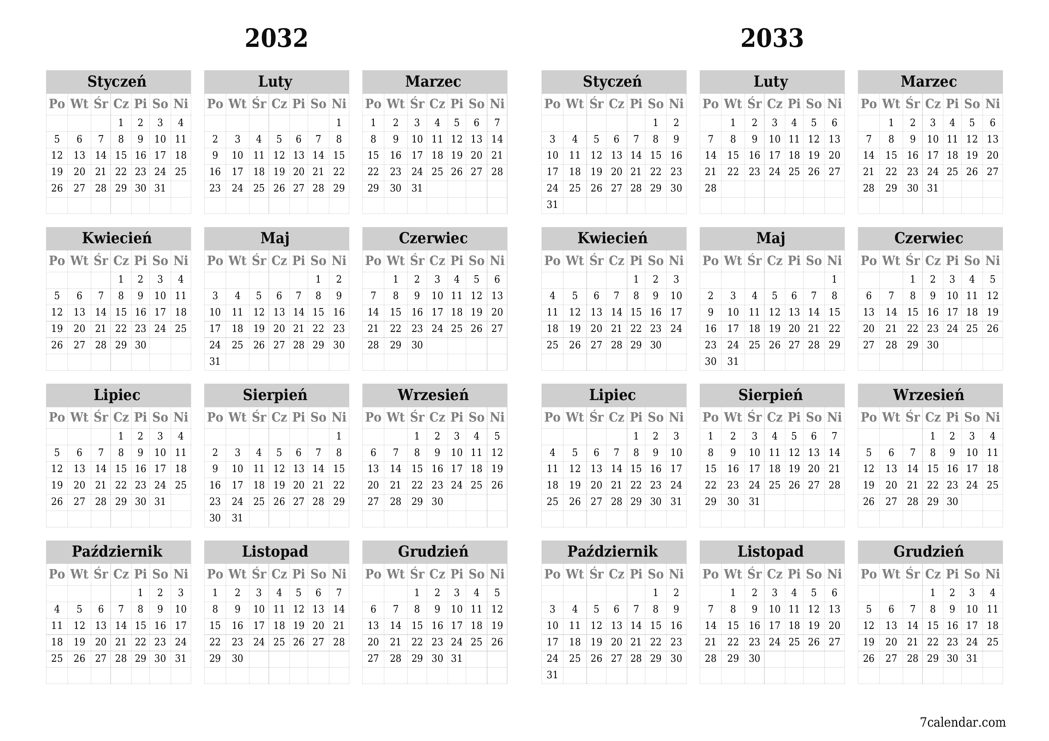 Opróżnij kalendarz rocznego planowania na rok 2032, 2033 z notatkami, zapisz i wydrukuj w formacie PDF PNG Polish