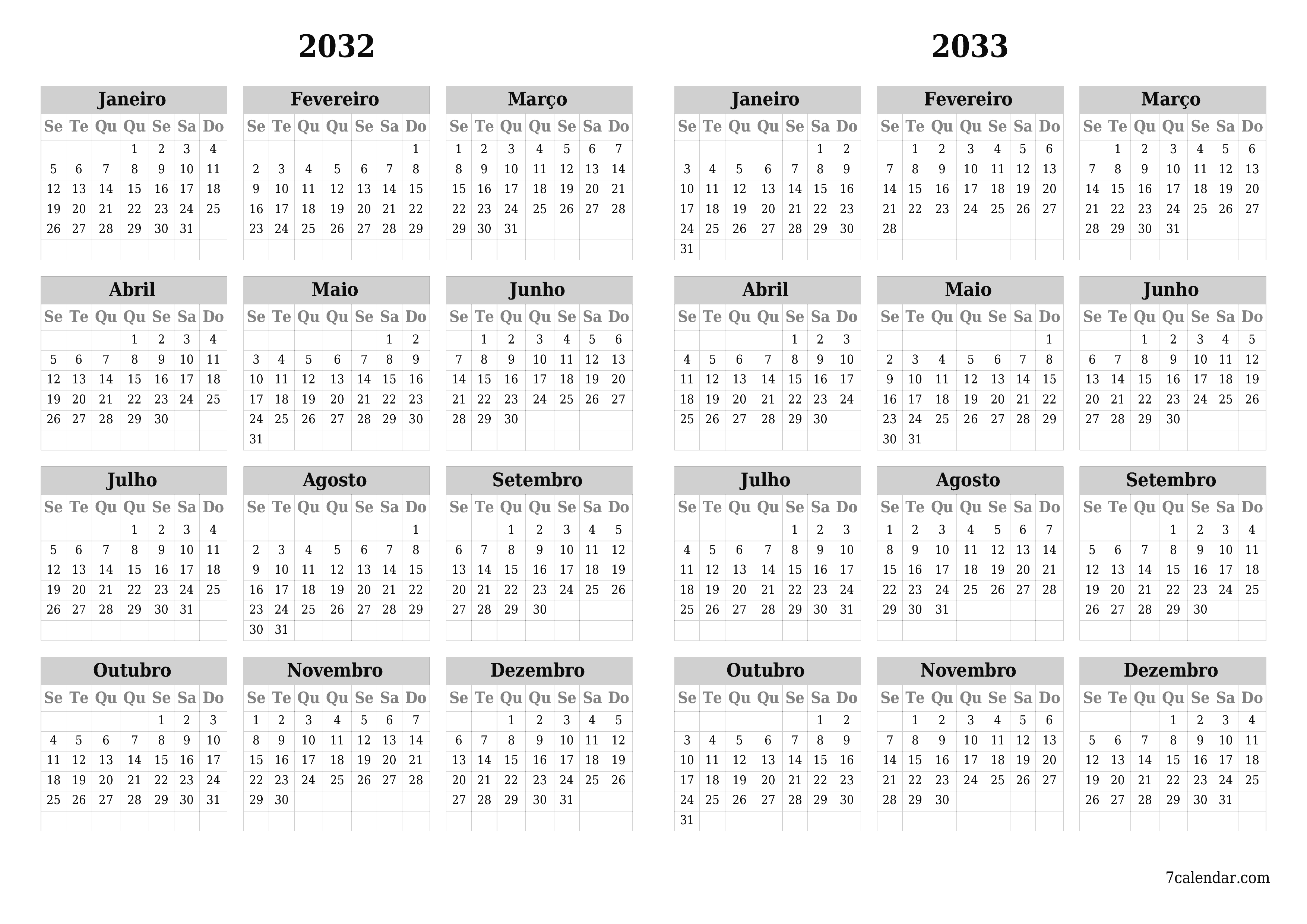 Calendário de planejador anual vazio para o ano 2032, 2033 com notas, salve e imprima em PDF PNG Portuguese