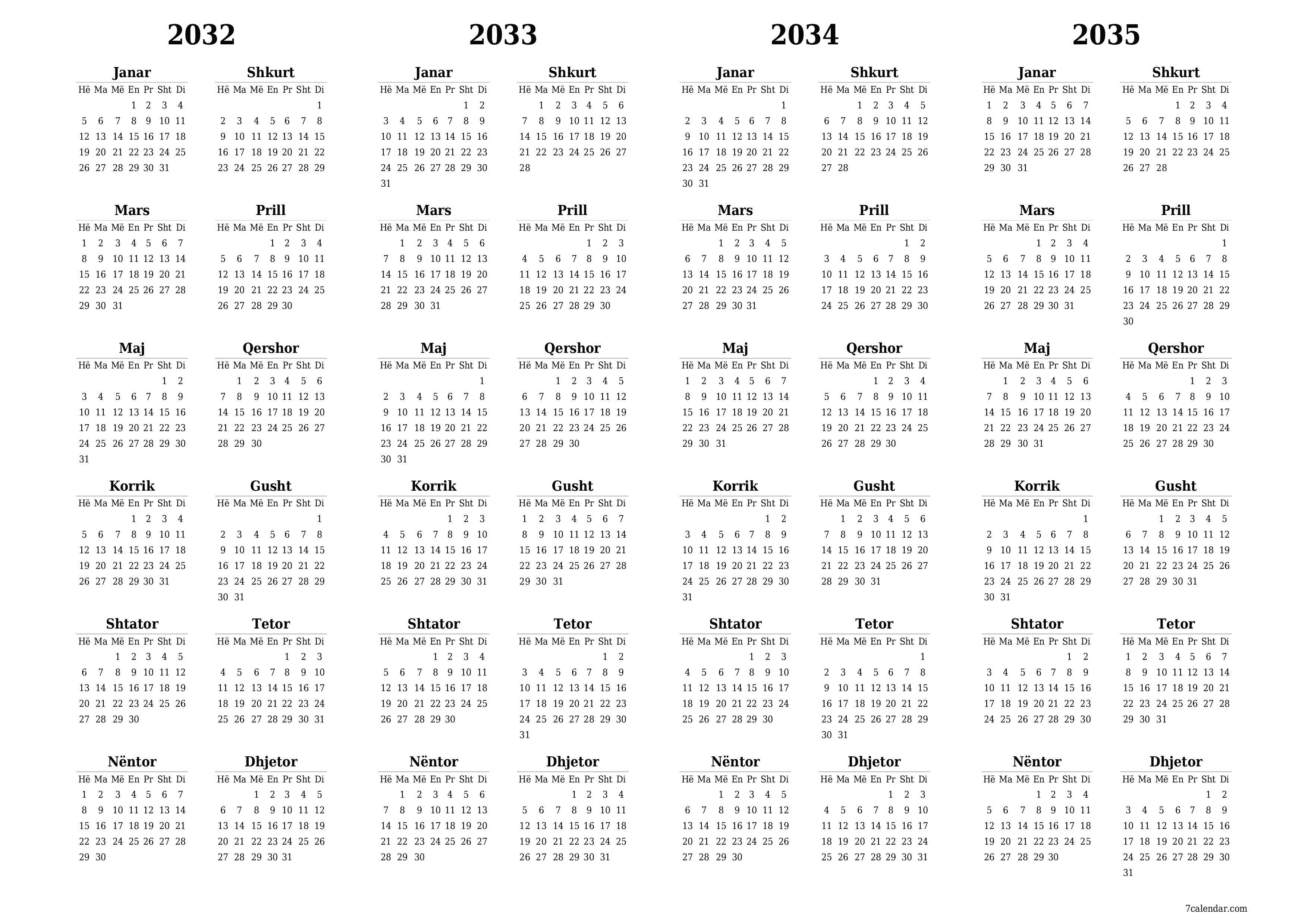 Planifikuesi bosh i kalendarit vjetor për vitin 2032, 2033, 2034, 2035 me shënime, ruani dhe printoni në PDF PNG Albanian