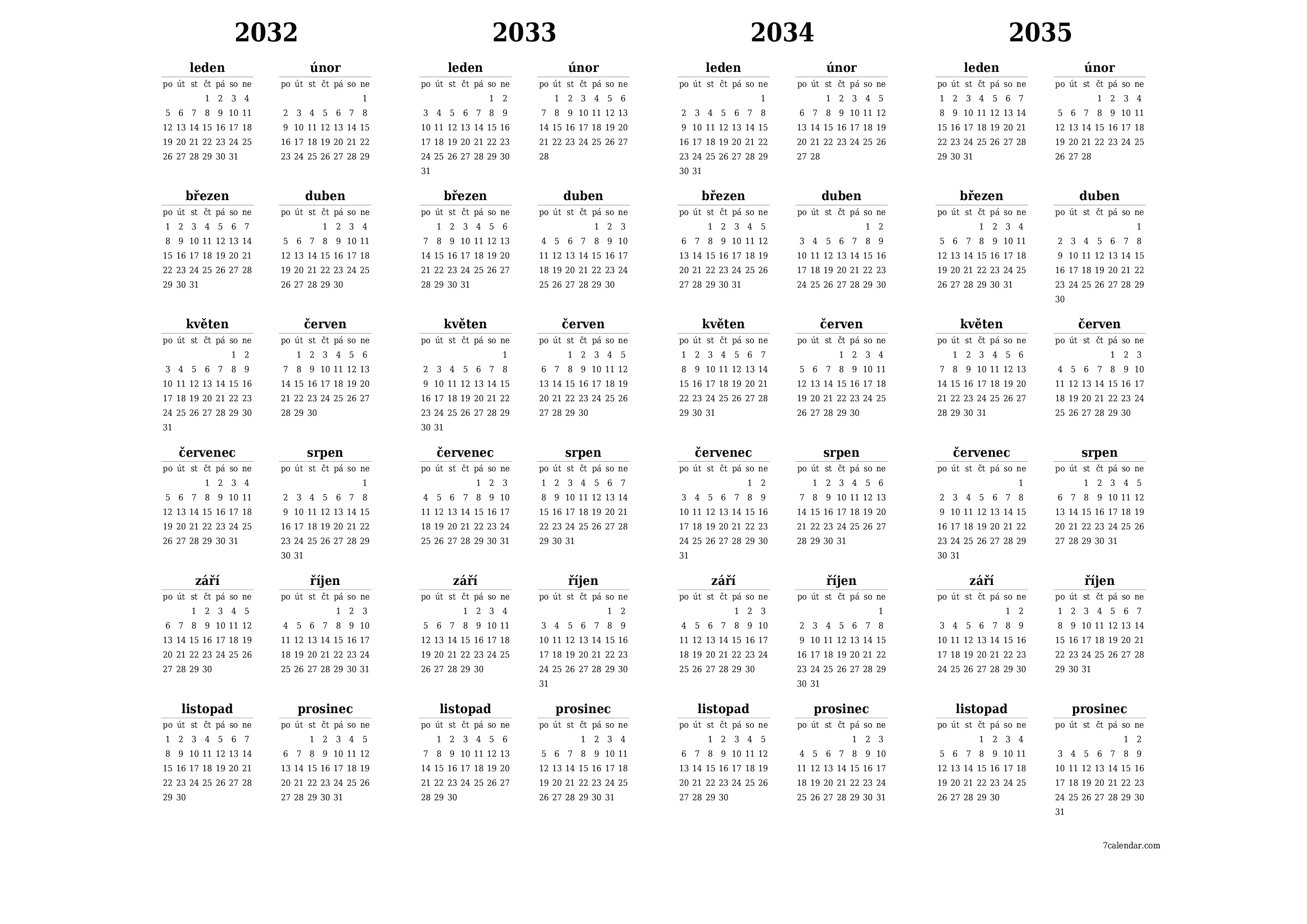 Prázdný roční kalendář plánovače pro rok 2032, 2033, 2034, 2035 s poznámkami, uložením a tiskem do PDF PNG Czech