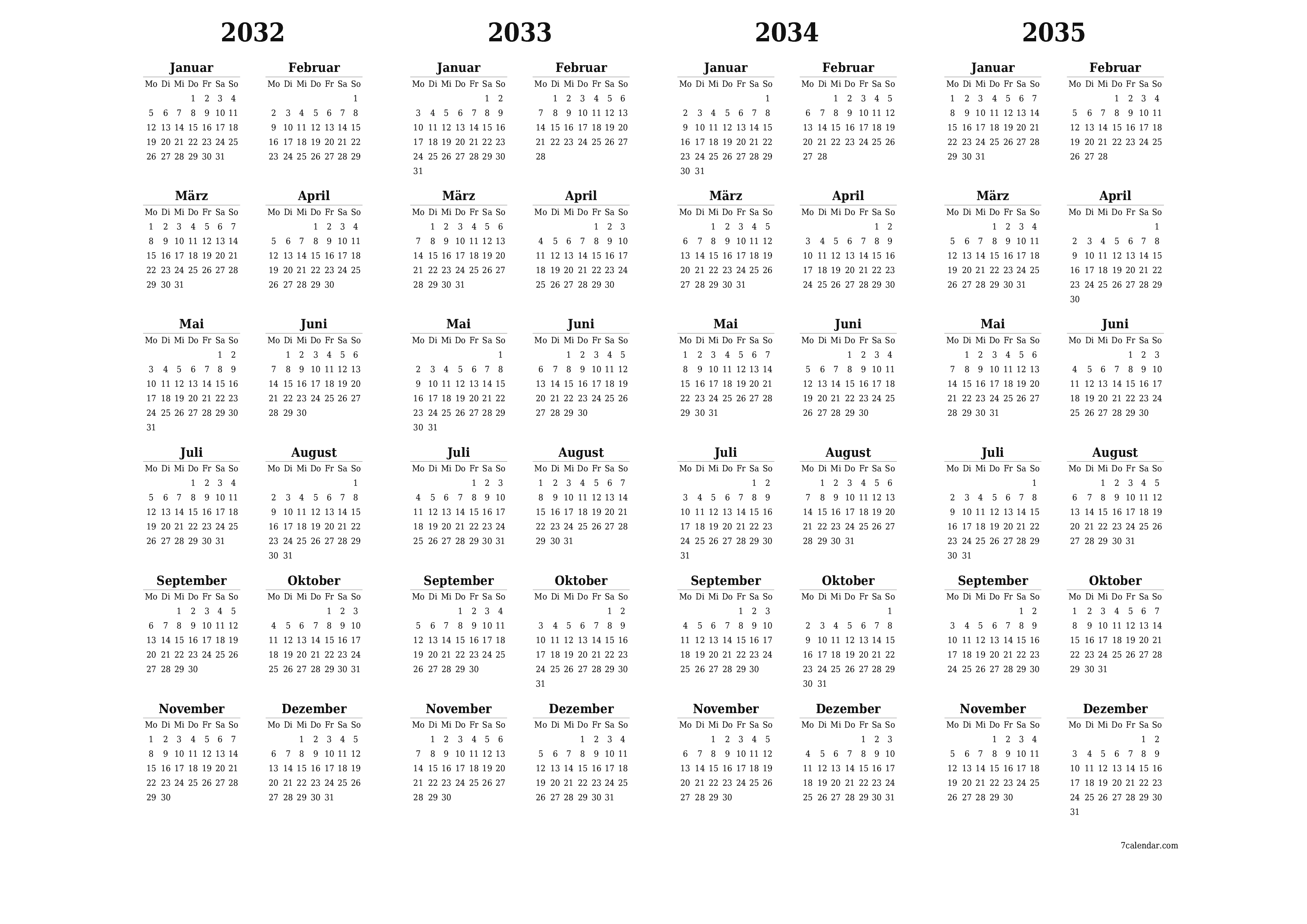 Jahresplanerkalender für das Jahr 2032, 2033, 2034, 2035 mit Notizen leeren, speichern und als PDF PNG German - 7calendar.com drucken