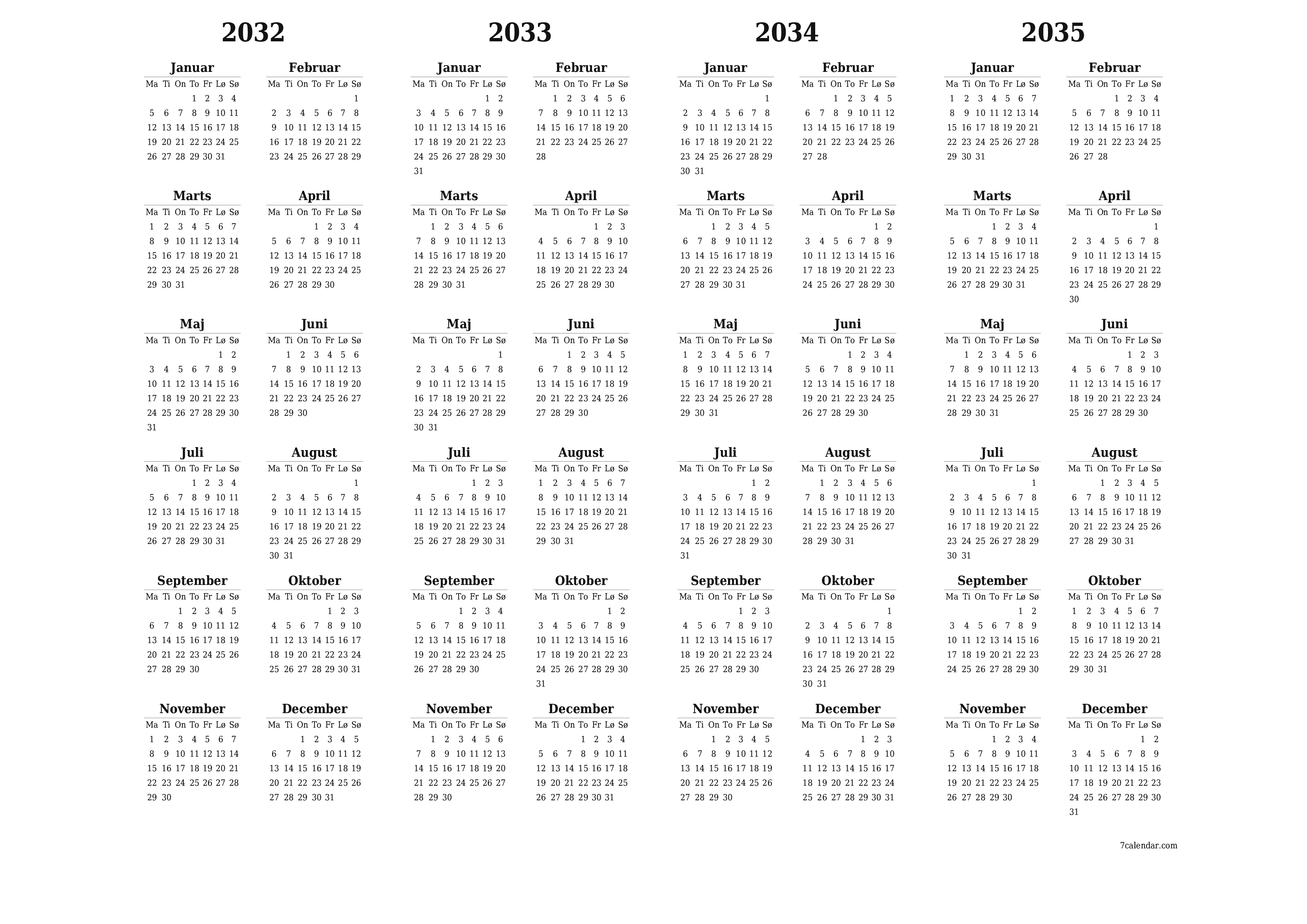 Tom årlig planlægningskalender for året 2032, 2033, 2034, 2035 med noter, gem og udskriv til PDF PNG Danish