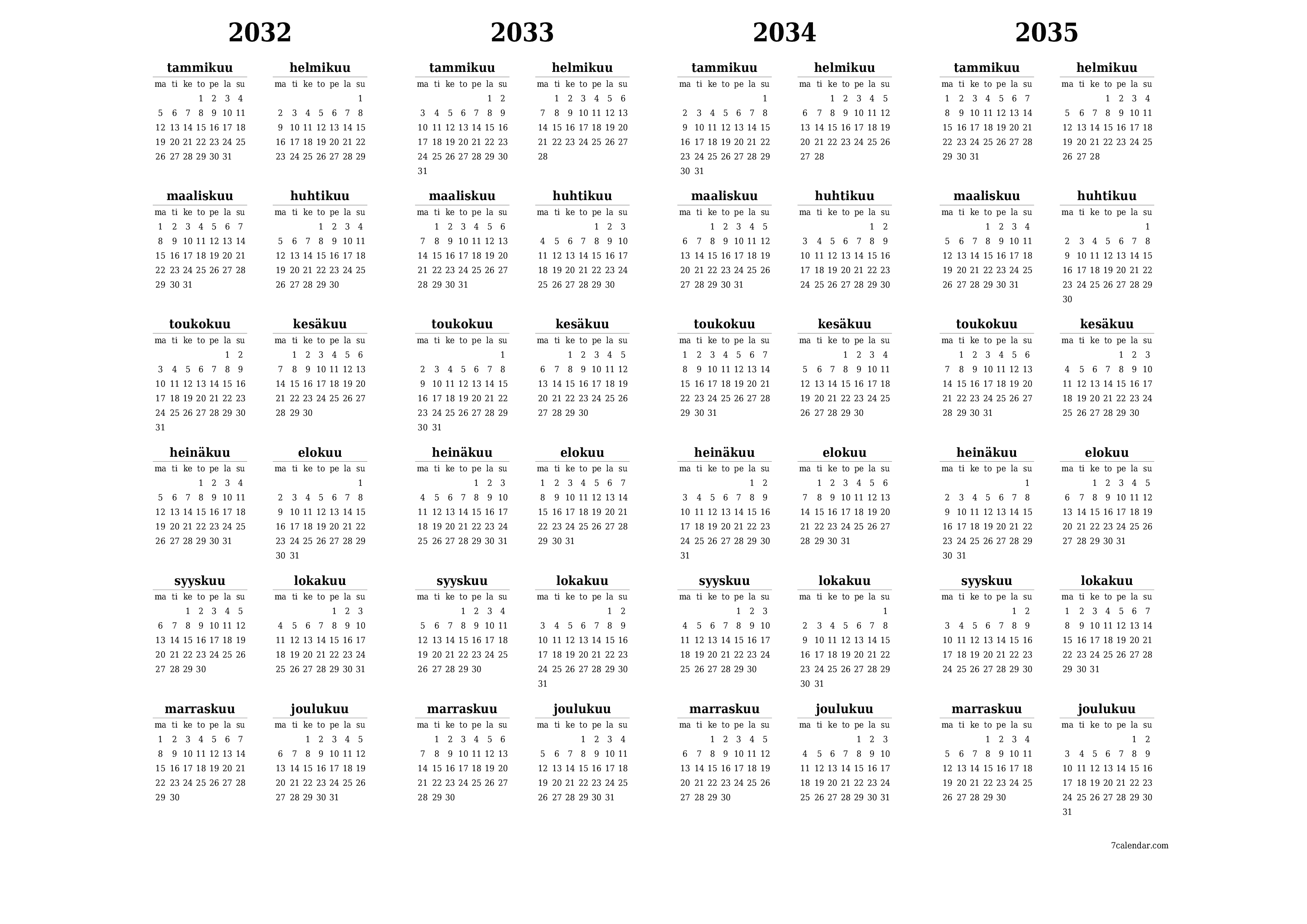 Tyhjä vuosisuunnittelukalenteri vuodelle 2032, 2033, 2034, 2035 muistiinpanoilla, tallenna ja tulosta PDF-muotoon PNG Finnish