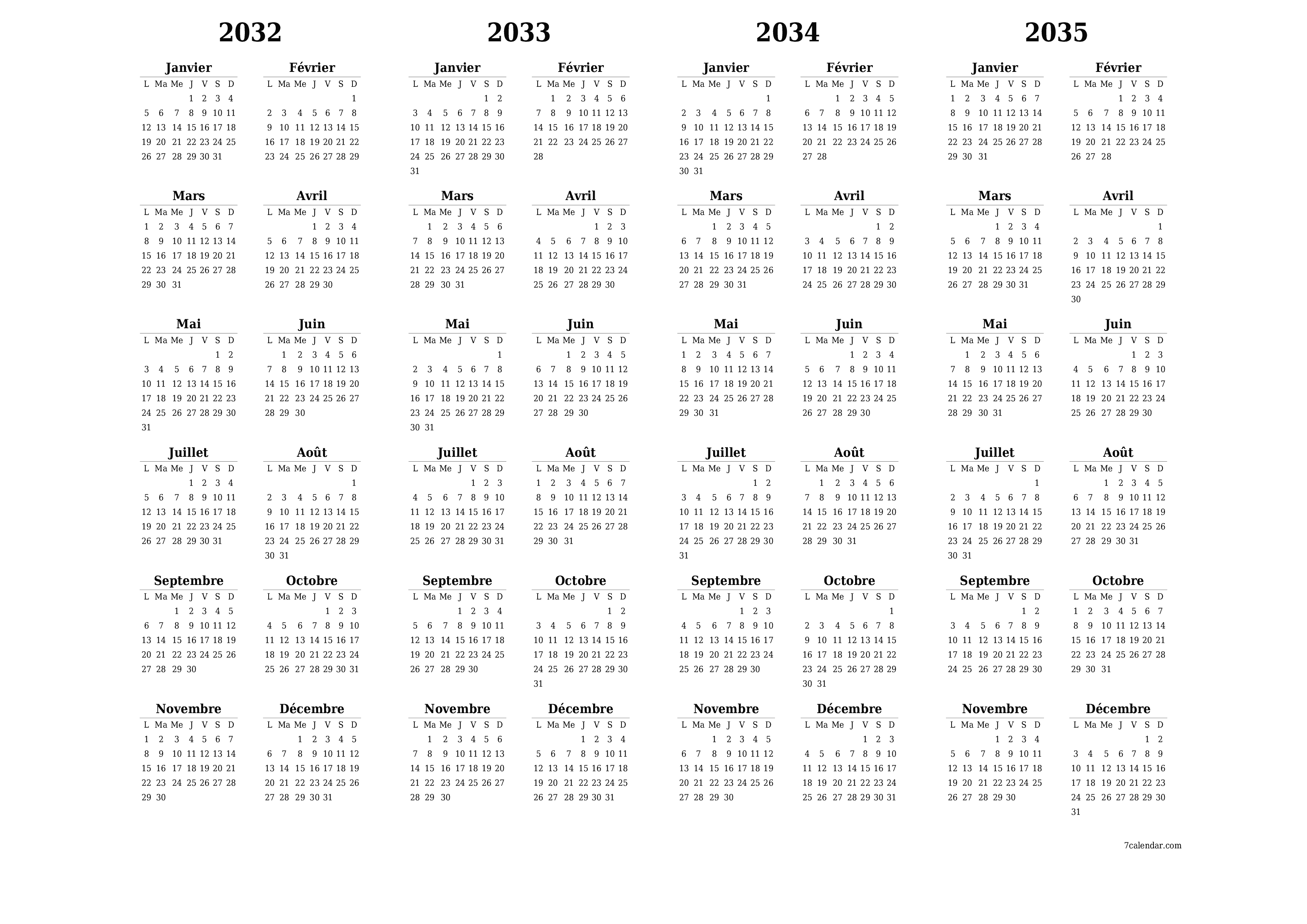 Calendrier annuel vide pour l'année 2032, 2033, 2034, 2035 avec notes, enregistrer et imprimer au format PDF PNG French