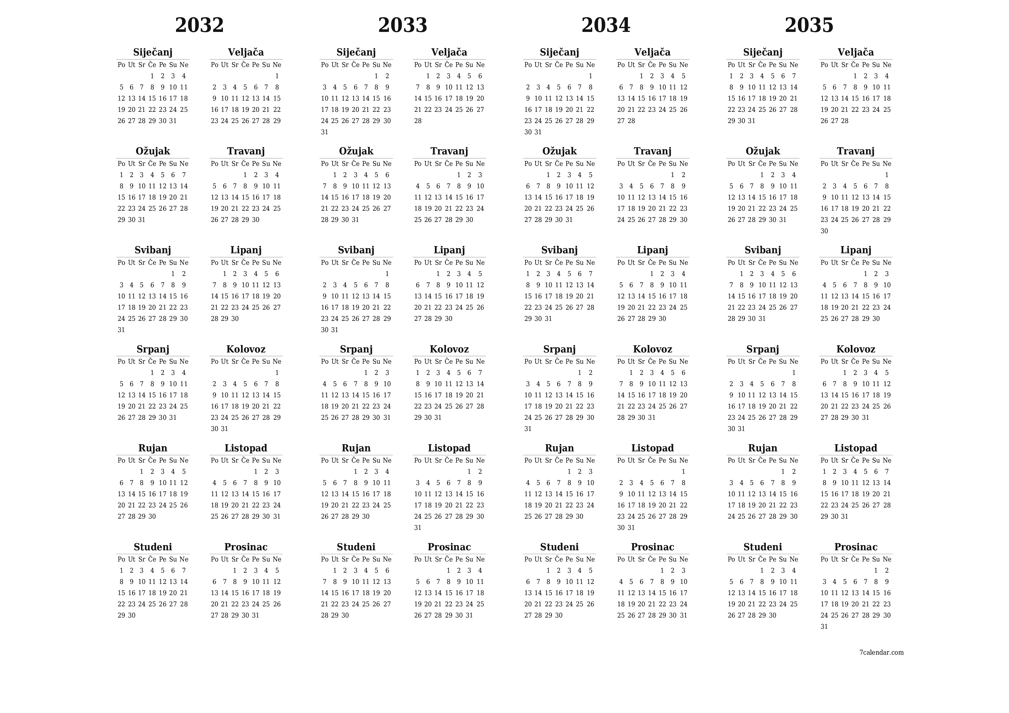  za ispis zidni predložak a besplatni horizontalno Godišnje kalendar Svibanj (Svi) 2032