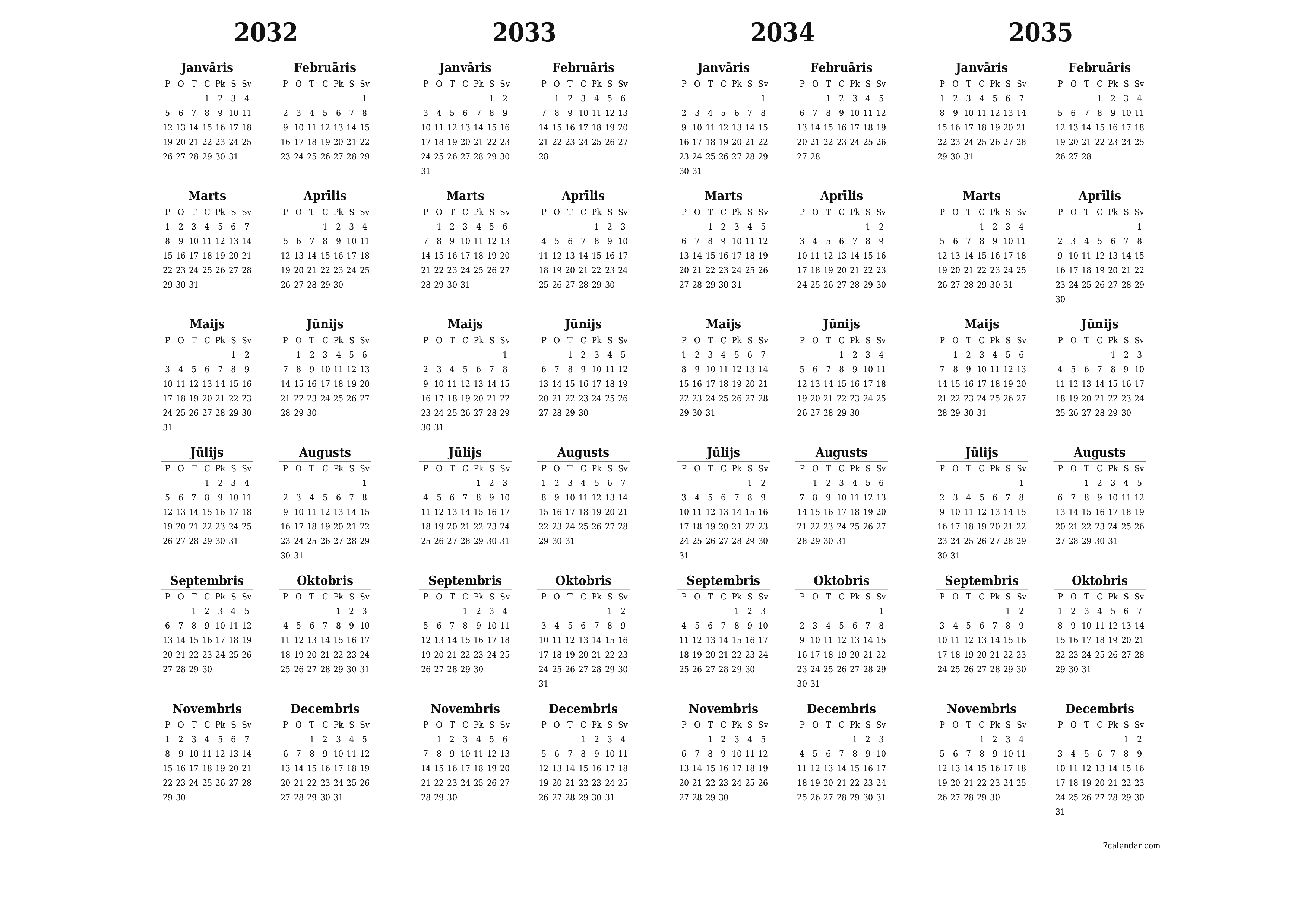 Tukšs gada plānotāja kalendārs gadam 2032, 2033, 2034, 2035 ar piezīmēm, saglabāšana un izdrukāšana PDF formātā PNG Latvian