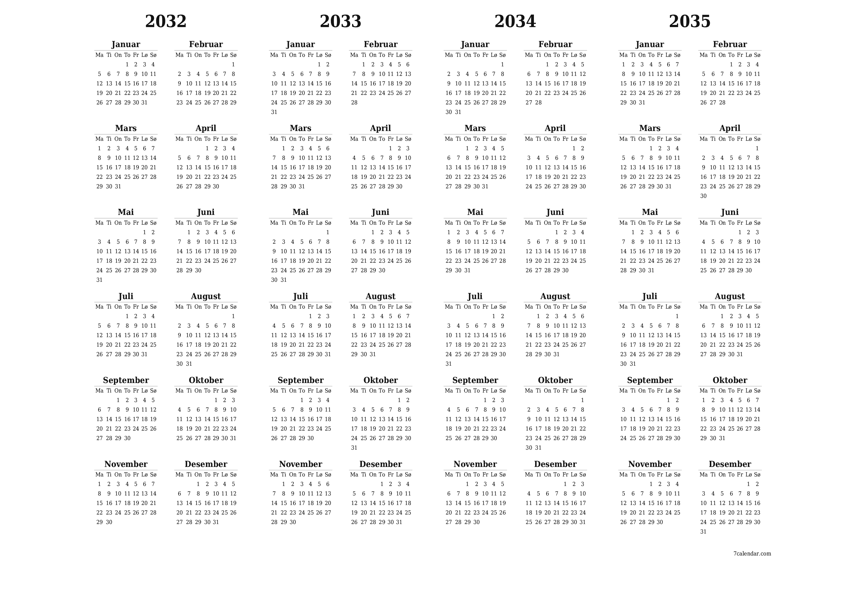 Tom årlig planleggerkalender for året 2032, 2033, 2034, 2035 med notater, lagre og skrive ut i PDF PNG Norwegian
