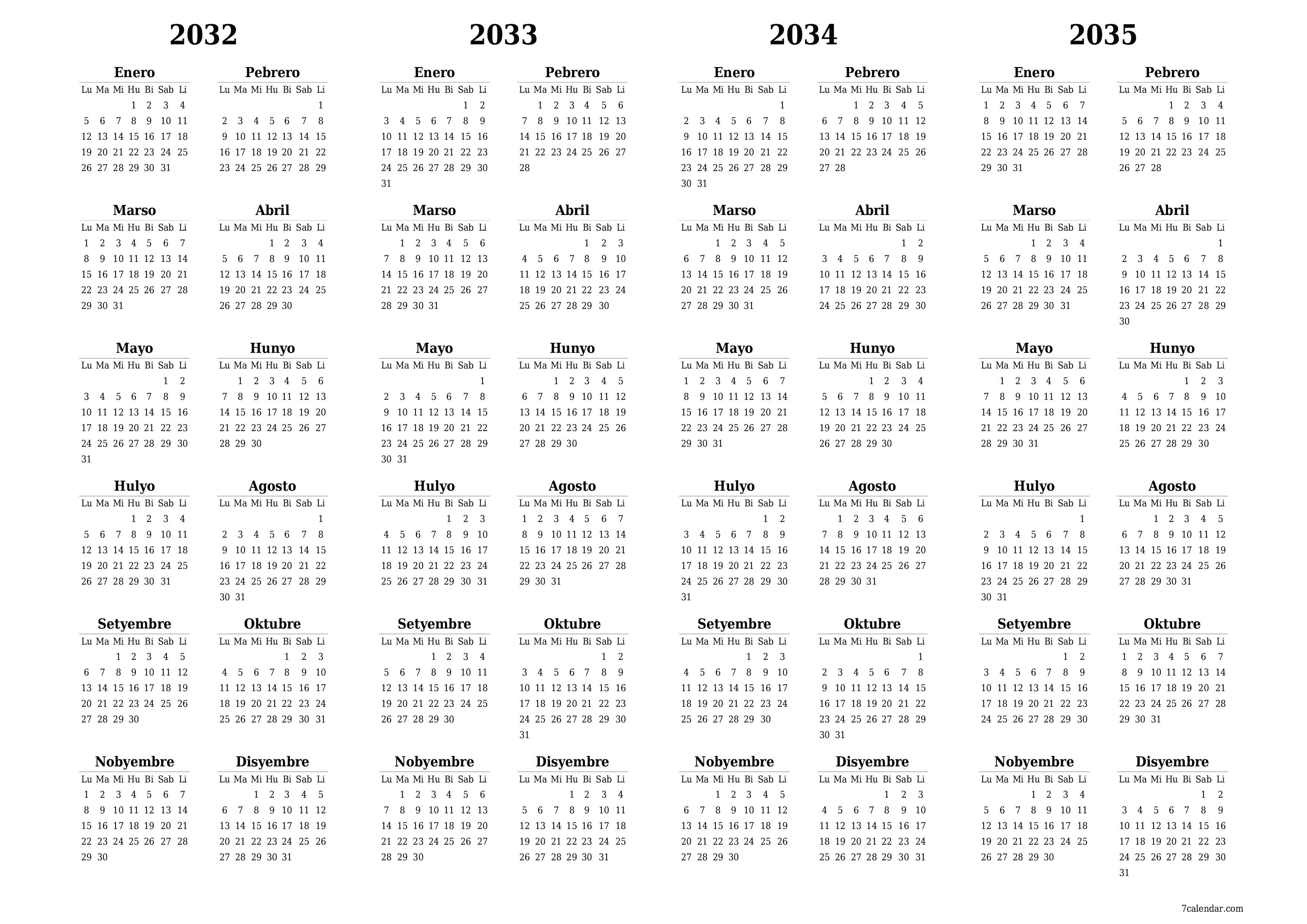 Walang laman ang taunang kalendaryo ng tagaplano para sa taong 2032, 2033, 2034, 2035 na may mga tala, i-save at i-print sa PDF PNG Filipino