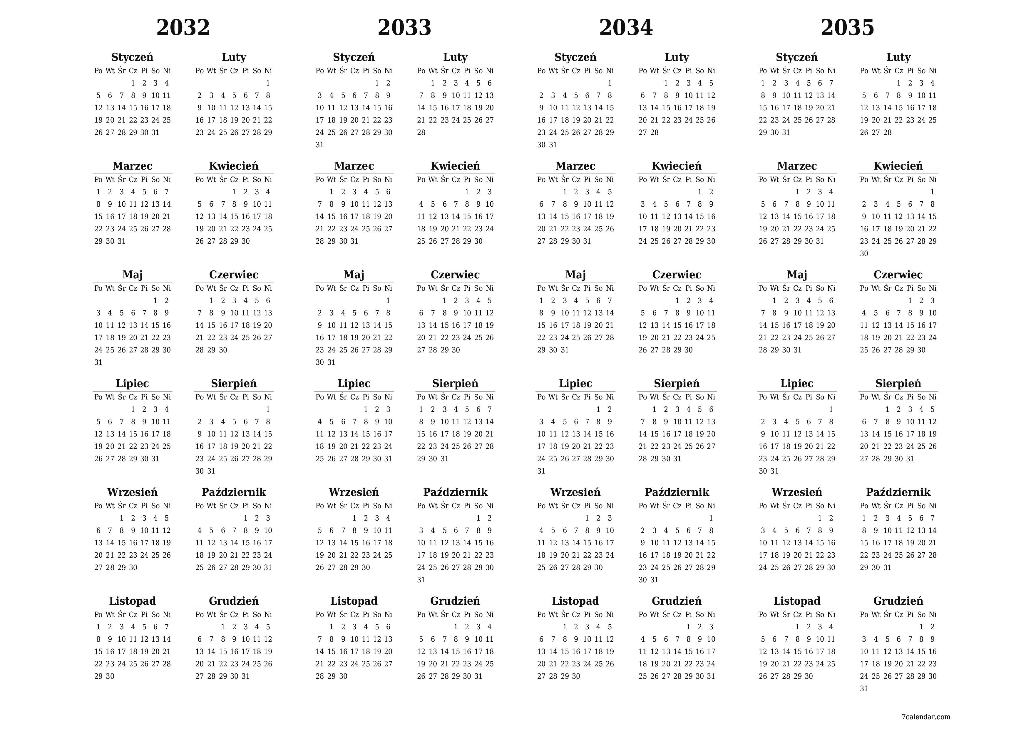 Opróżnij kalendarz rocznego planowania na rok 2032, 2033, 2034, 2035 z notatkami, zapisz i wydrukuj w formacie PDF PNG Polish