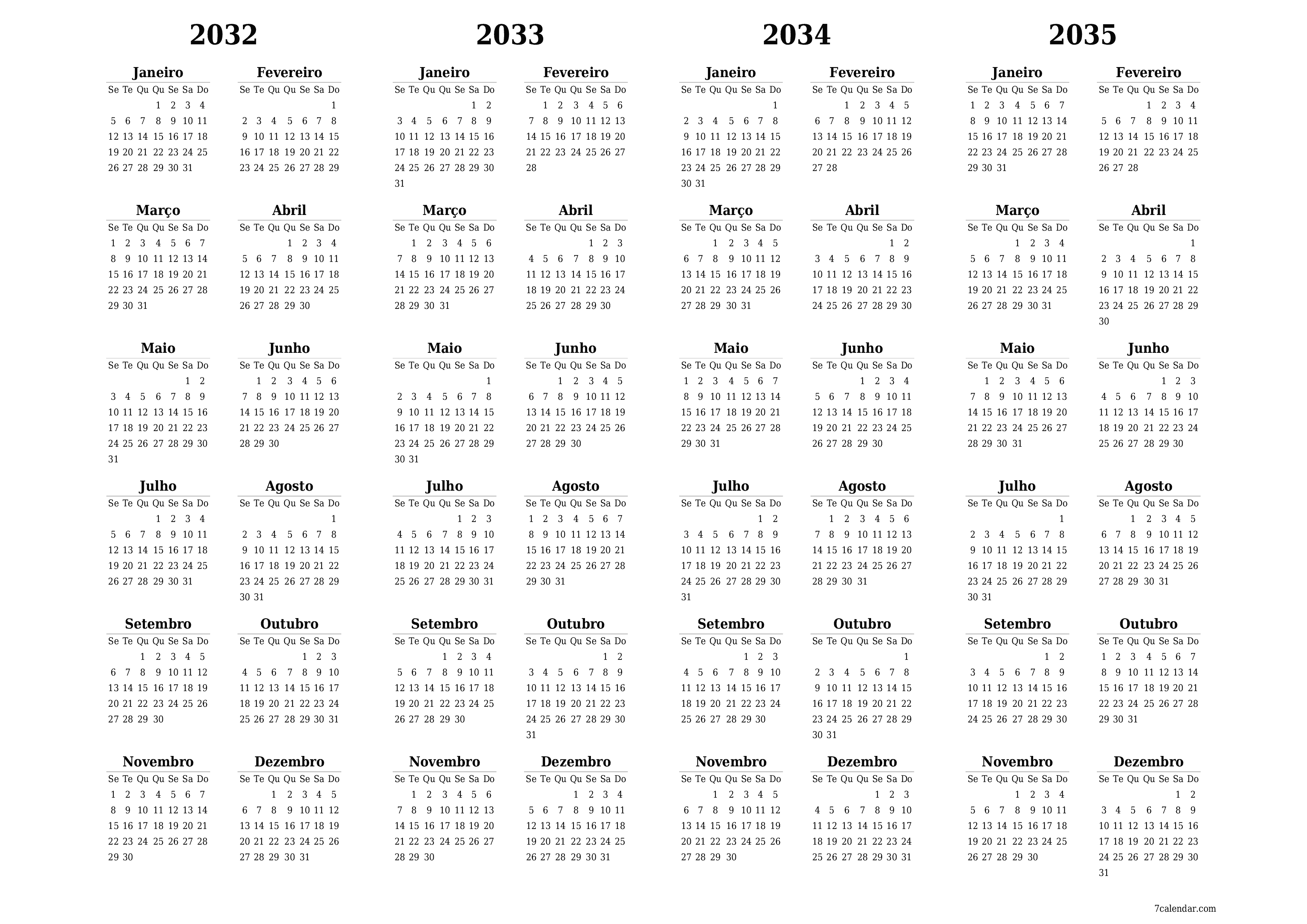 Calendário de planejador anual vazio para o ano 2032, 2033, 2034, 2035 com notas, salve e imprima em PDF PNG Portuguese