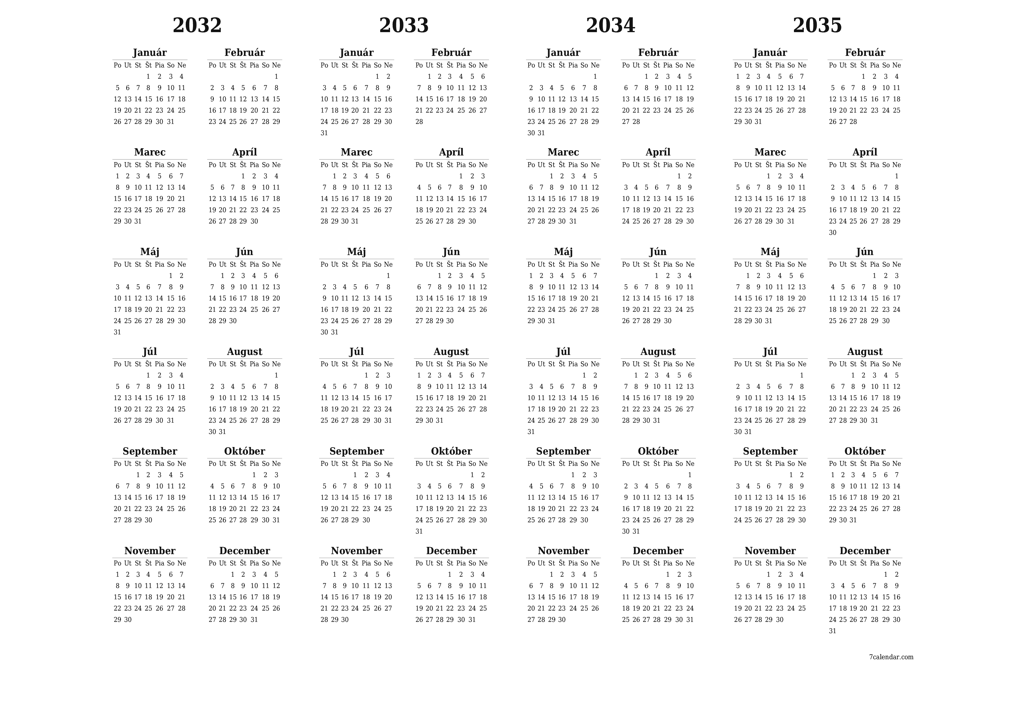 Prázdny ročný kalendár plánovača na rok 2032, 2033, 2034, 2035 s poznámkami, uložením a tlačou do formátu PDF PNG Slovak