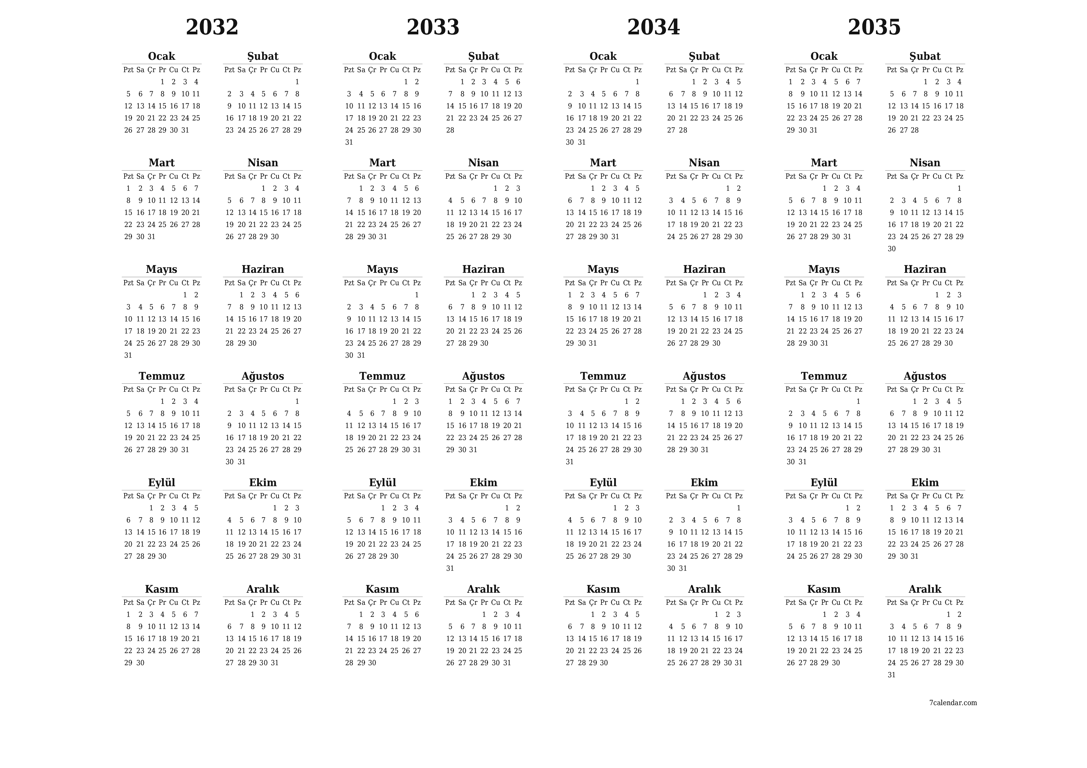 Notlarla 2032, 2033, 2034, 2035 yıl için yıllık planlayıcı takvimini boşaltın, kaydedin ve PDF olarak yazdırın PNG Turkish