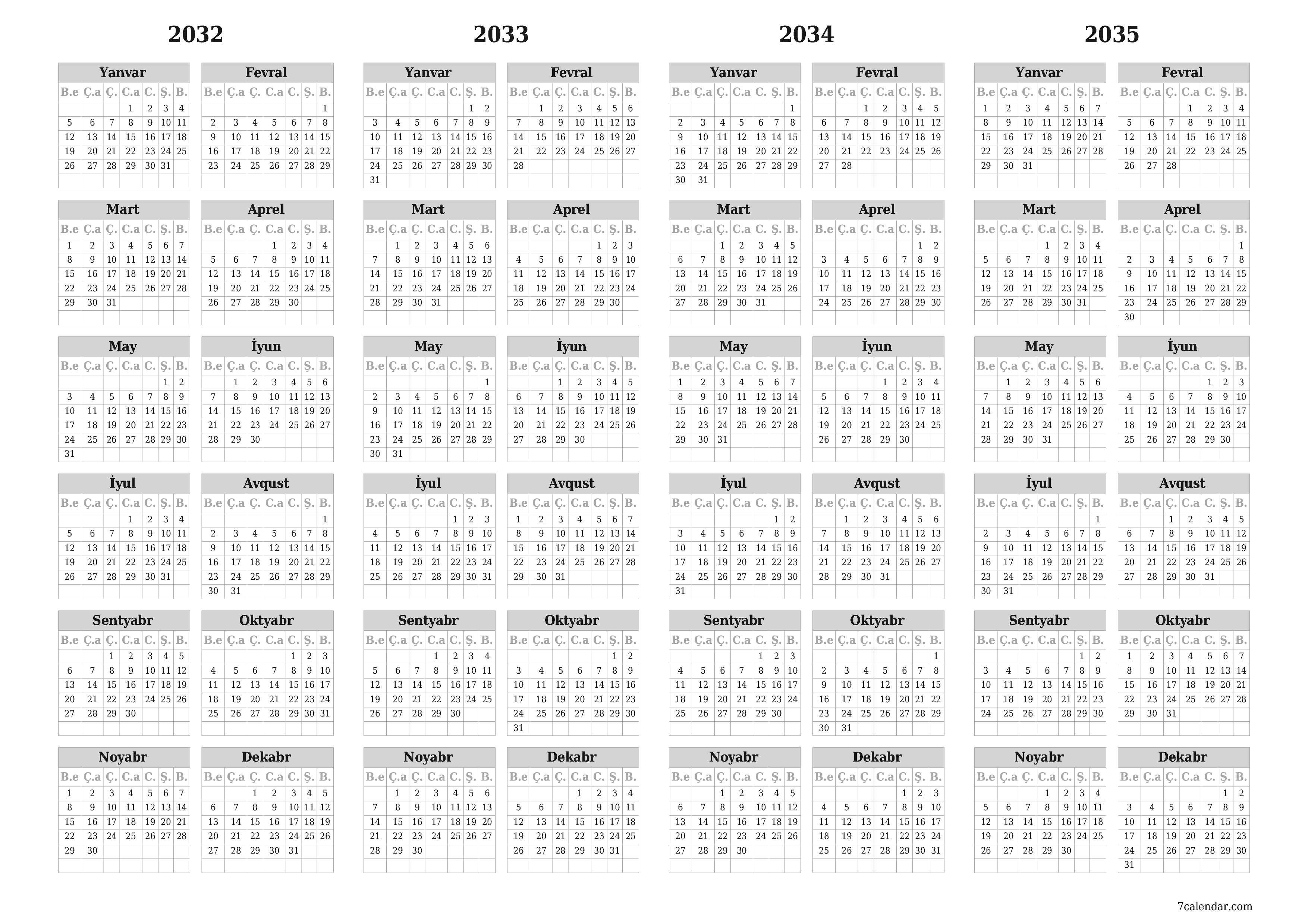 2032, 2033, 2034, 2035 ili üçün illik illik planlayıcı təqvim, qeydlər ilə boş saxlayın, qeyd edin və PDF-ə yazdırın PNG Azerbaijani