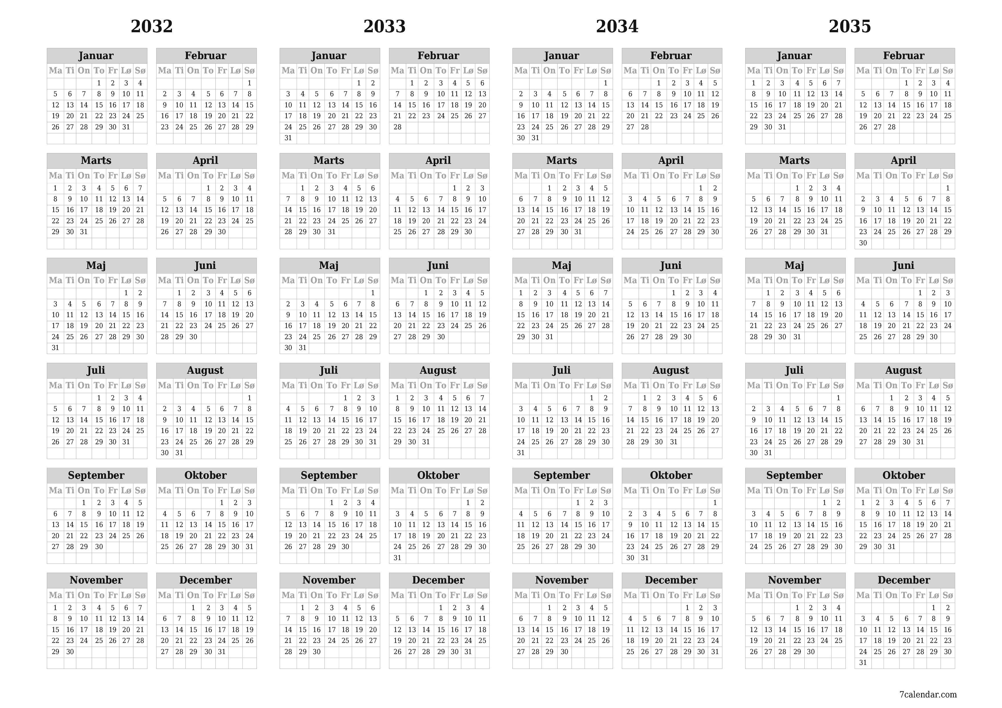 Tom årlig planlægningskalender for året 2032, 2033, 2034, 2035 med noter, gem og udskriv til PDF PNG Danish