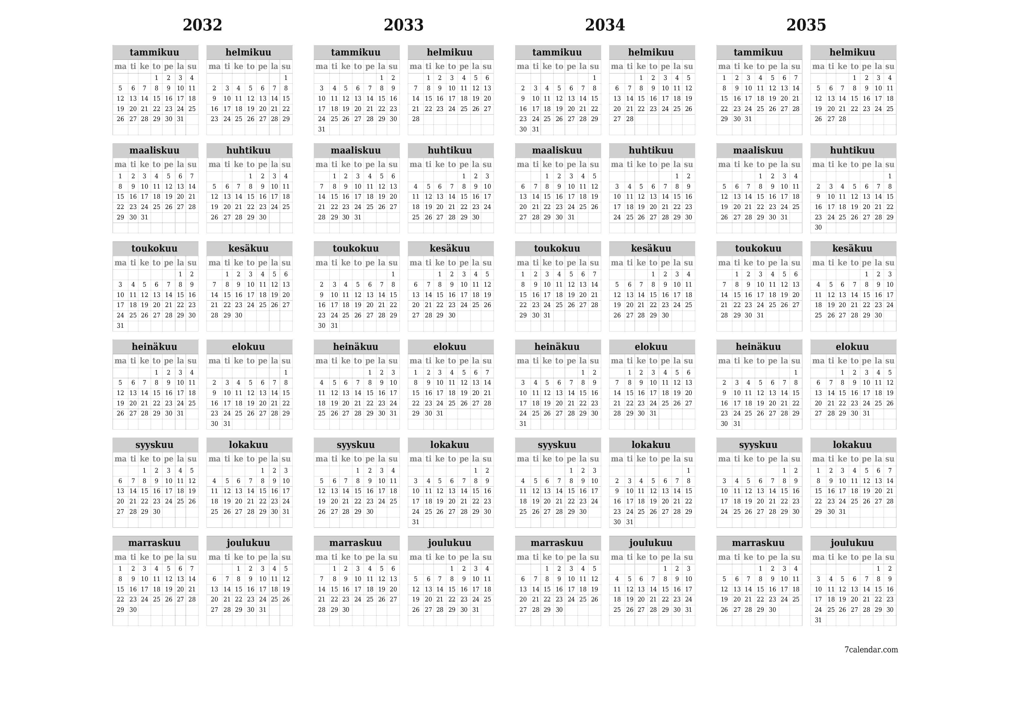 Tyhjä vuosisuunnittelukalenteri vuodelle 2032, 2033, 2034, 2035 muistiinpanoilla, tallenna ja tulosta PDF-muotoon PNG Finnish