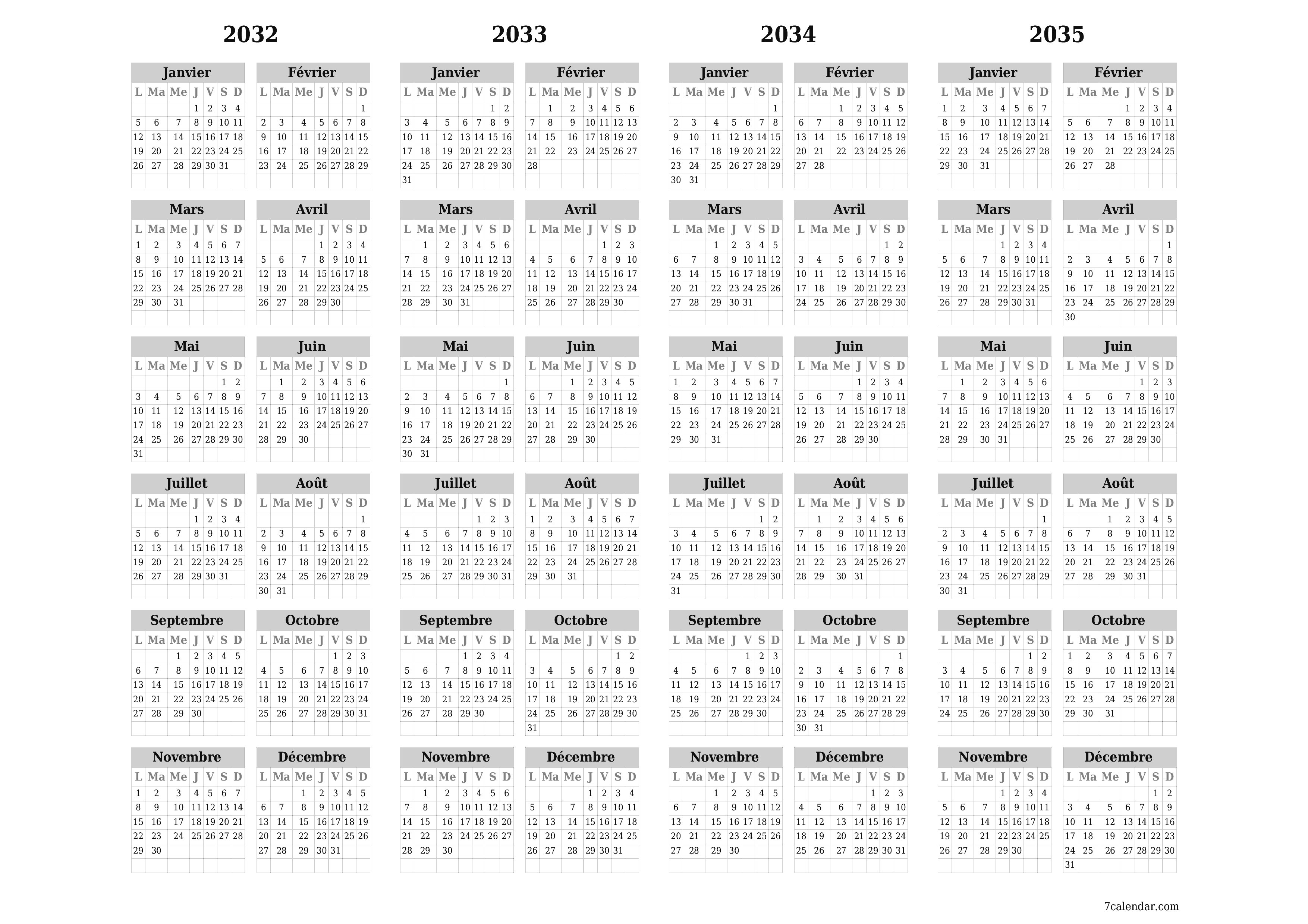 Calendrier annuel vide pour l'année 2032, 2033, 2034, 2035 avec notes, enregistrer et imprimer au format PDF PNG French