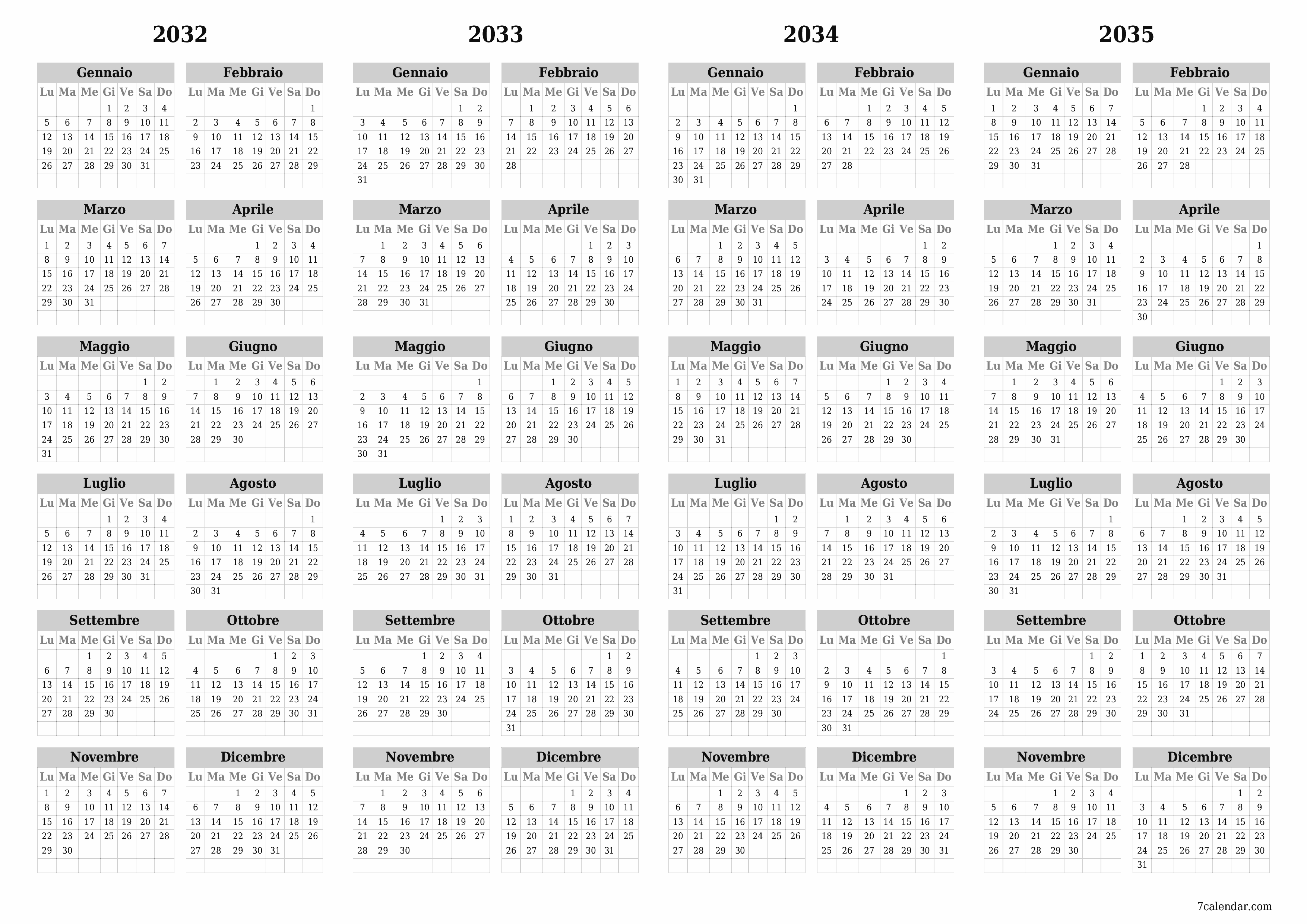 Calendario pianificatore annuale vuoto per l'anno 2032, 2033, 2034, 2035 con note, salva e stampa in PDF PNG Italian