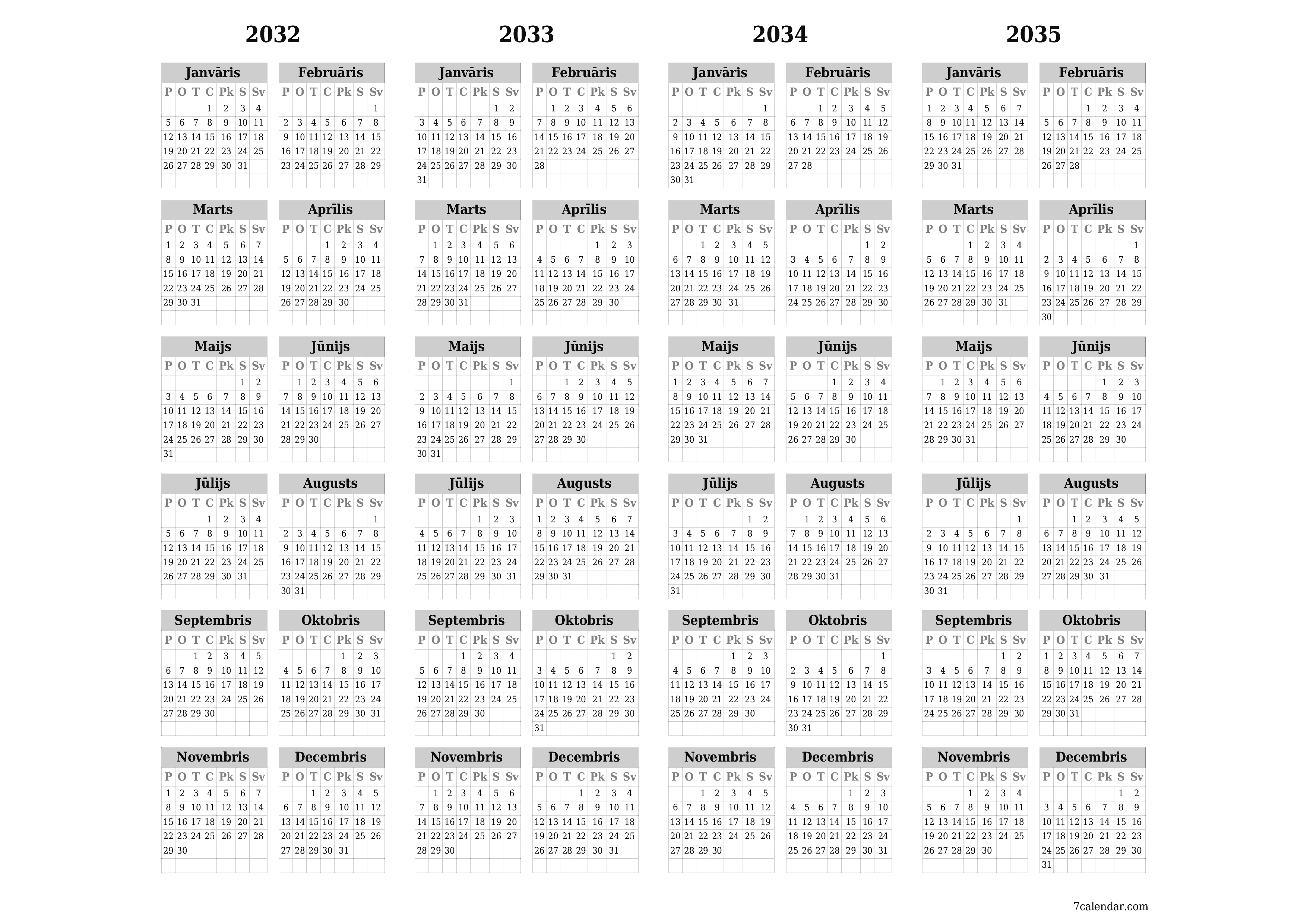 Tukšs gada plānotāja kalendārs gadam 2032, 2033, 2034, 2035 ar piezīmēm, saglabāšana un izdrukāšana PDF formātā PNG Latvian