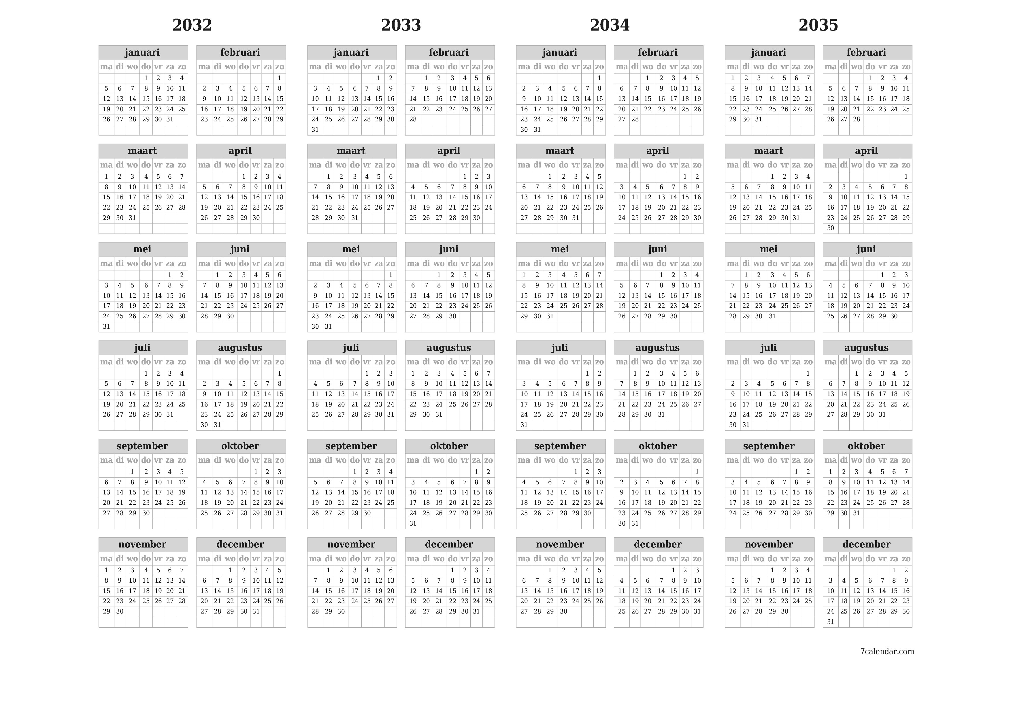 Lege jaarplanningskalender voor het jaar 2032, 2033, 2034, 2035 met notities, opslaan en afdrukken naar pdf PNG Dutch