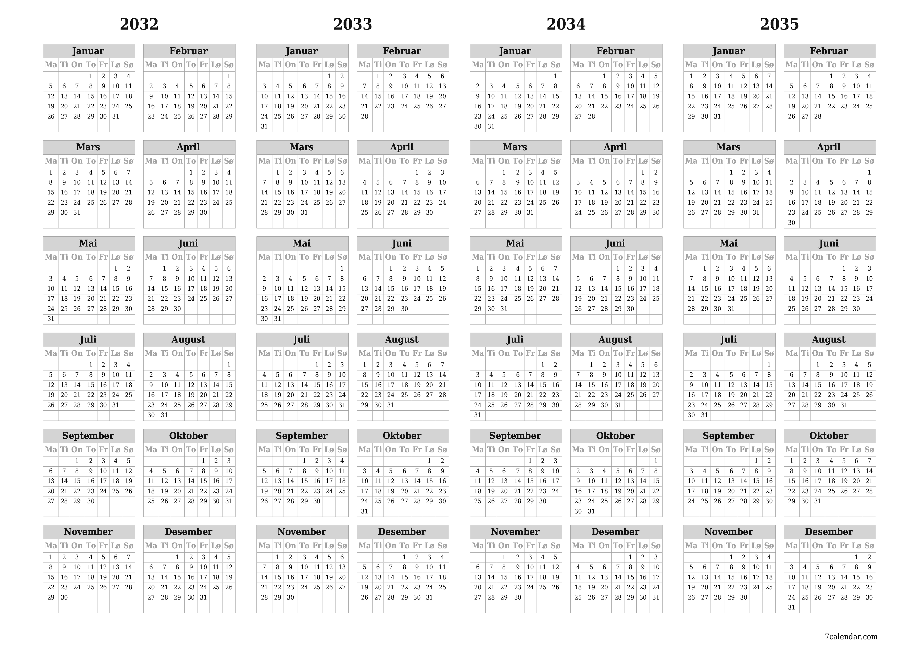 Tom årlig planleggerkalender for året 2032, 2033, 2034, 2035 med notater, lagre og skrive ut i PDF PNG Norwegian