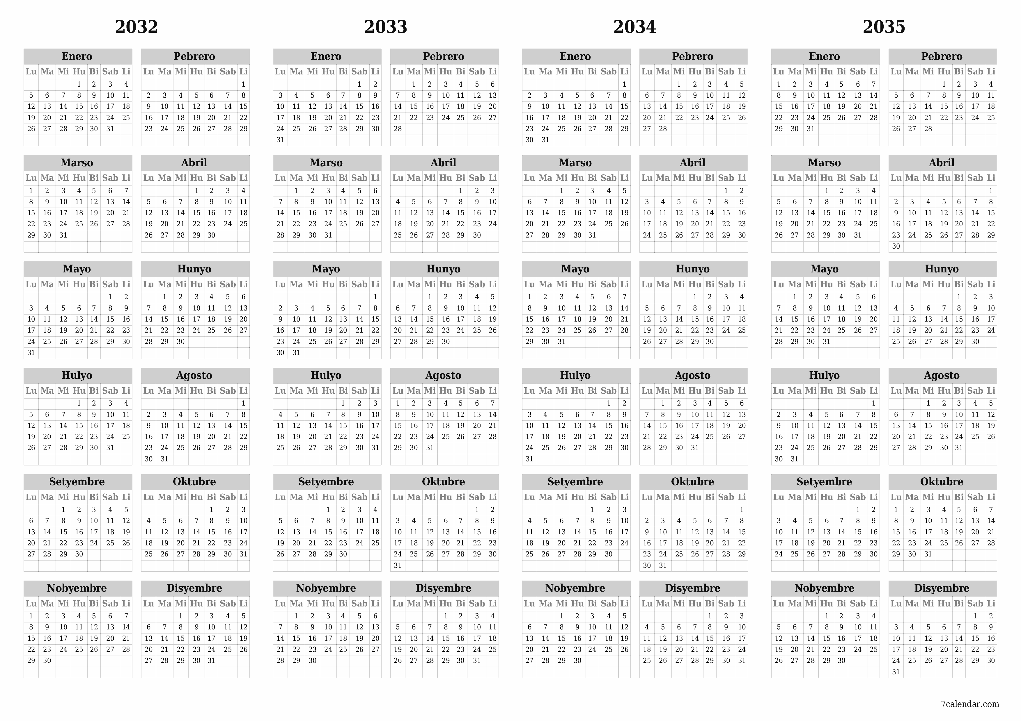 Walang laman ang taunang kalendaryo ng tagaplano para sa taong 2032, 2033, 2034, 2035 na may mga tala, i-save at i-print sa PDF PNG Filipino